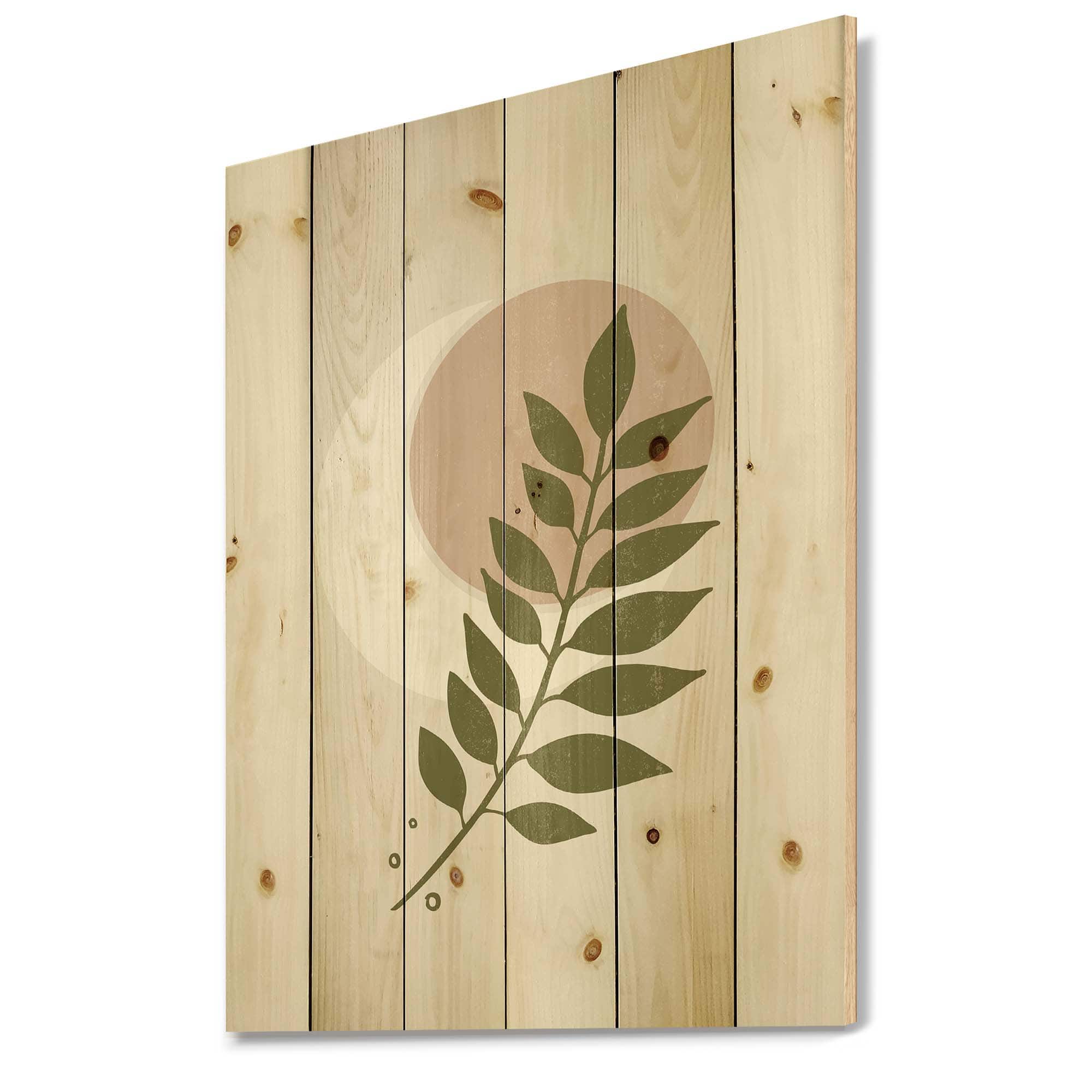 Designart - Abstract Geometrical Moon With Leaf IV - Modern Print on Natural Pine Wood