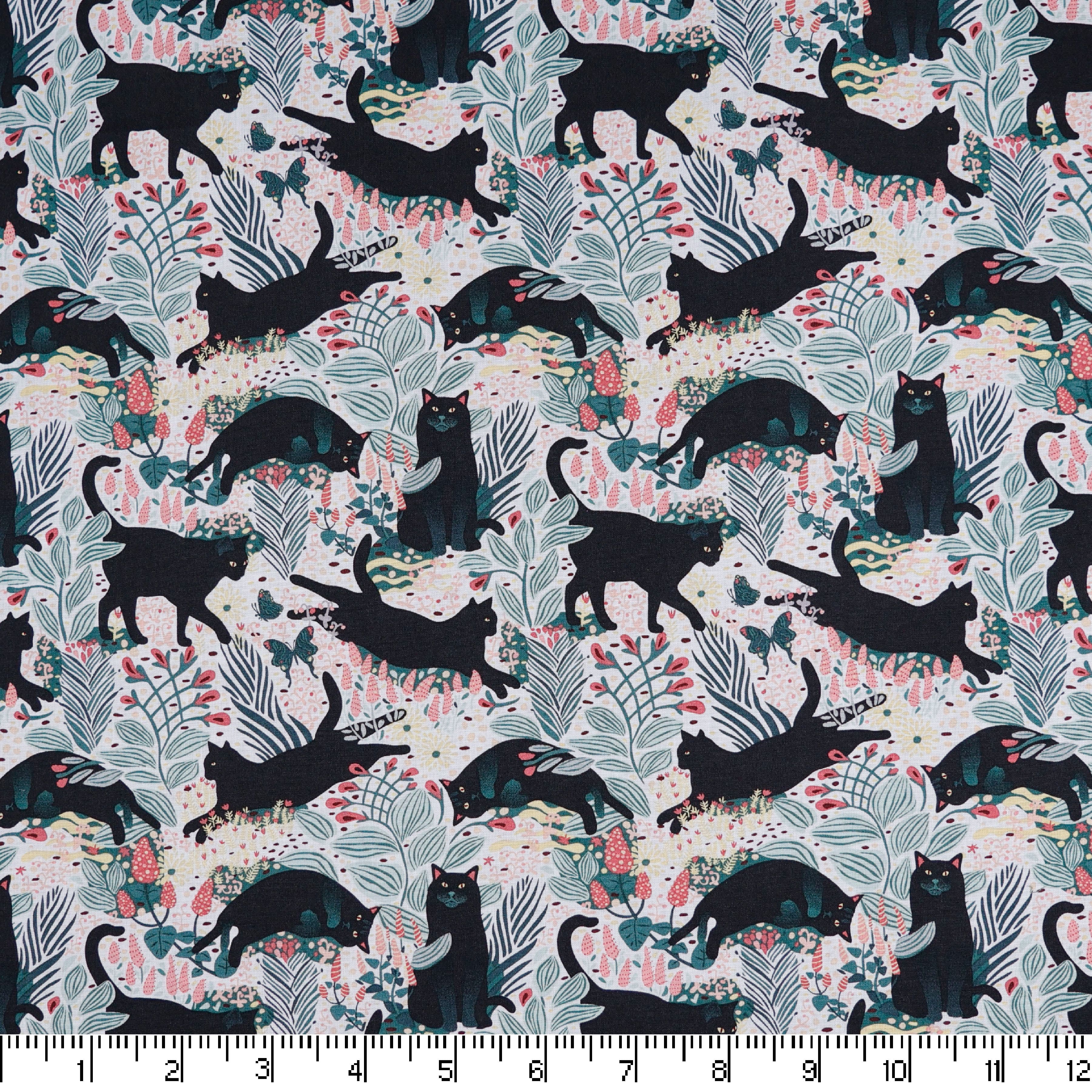 Black Cats on Floral Craft Cotton Fabric