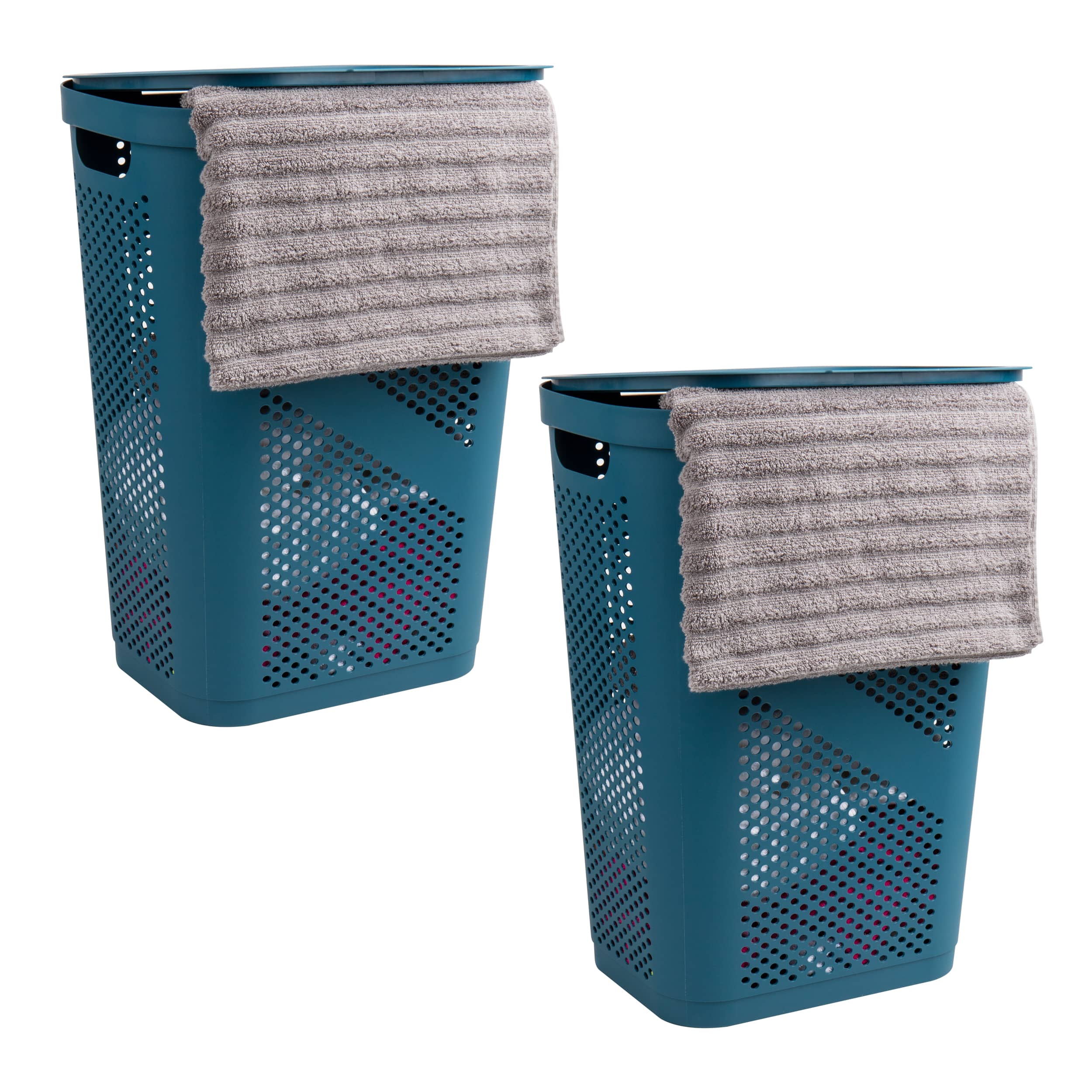 Mind Reader 60L Ventilated Slim Laundry Hamper with Cut Out Handles & Hinged Lid, 2ct.
