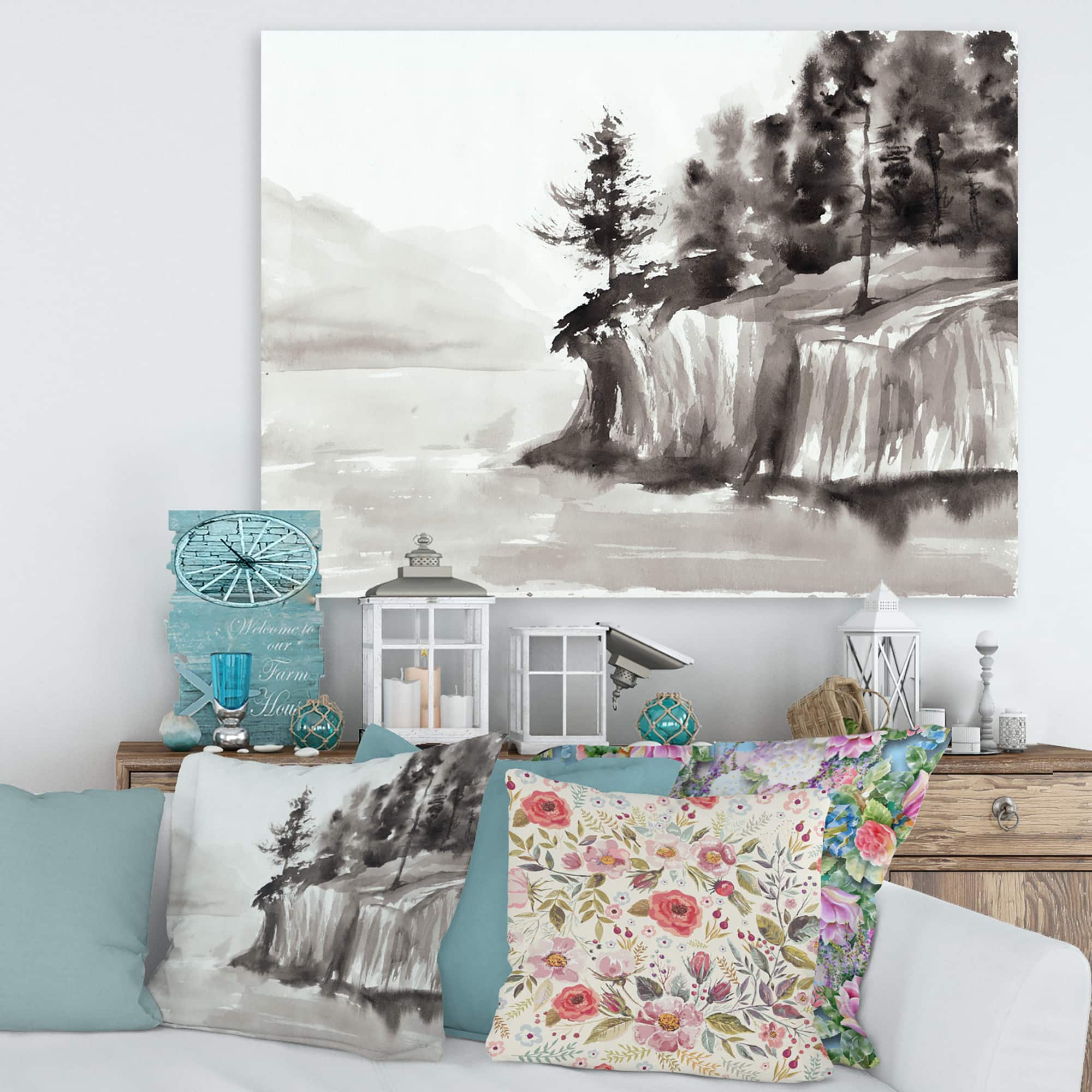 Designart - Monochrome Cliffs By The Lake - Nautical & Coastal Canvas Wall Art Print
