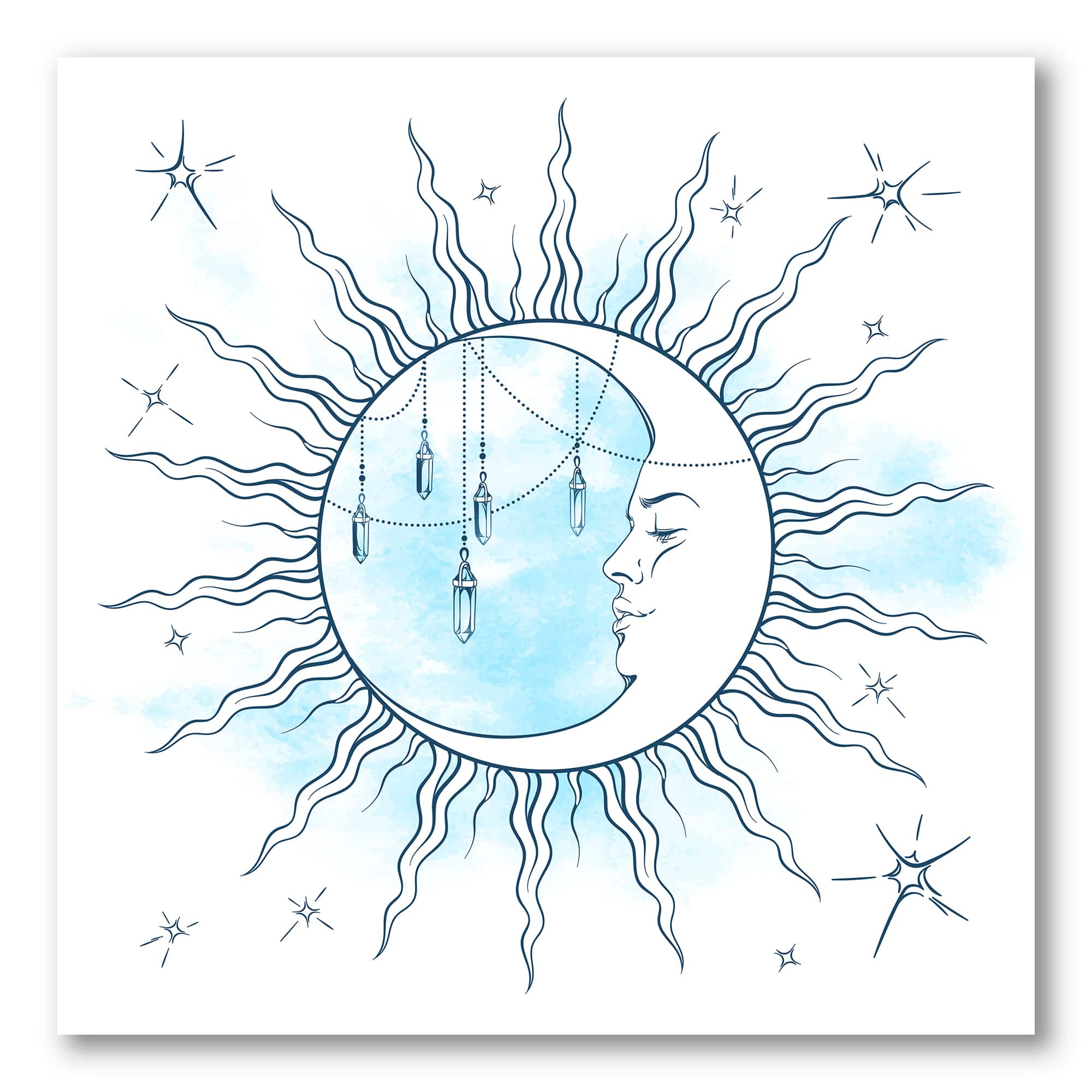 Designart - Blue Crescent Moon With Moonstone Pendants & Stars - Bohemian & Eclectic Canvas Wall Art Print