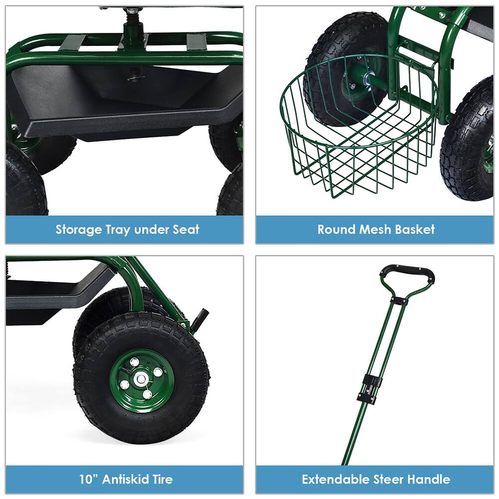 Costway Green & Black Garden Cart Rolling Work Seat with Tray Basket Extendable Handle