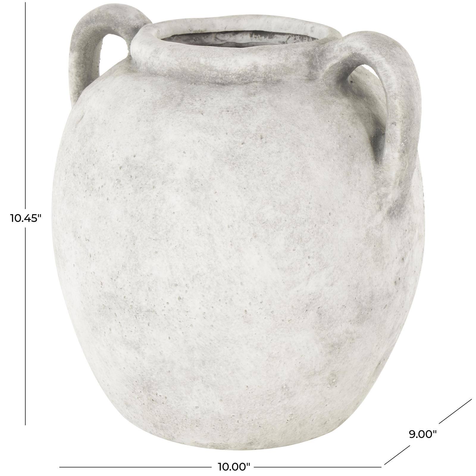 10.5" White Ceramic Antique Style Textured Vase with Black Shadings & Handles