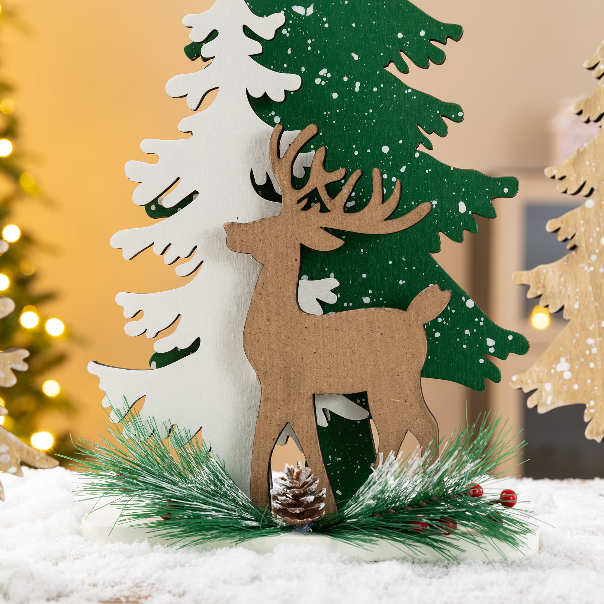 Glitzhome® Set of 3 Wooden Christmas Reindeer & Tree Table Decor