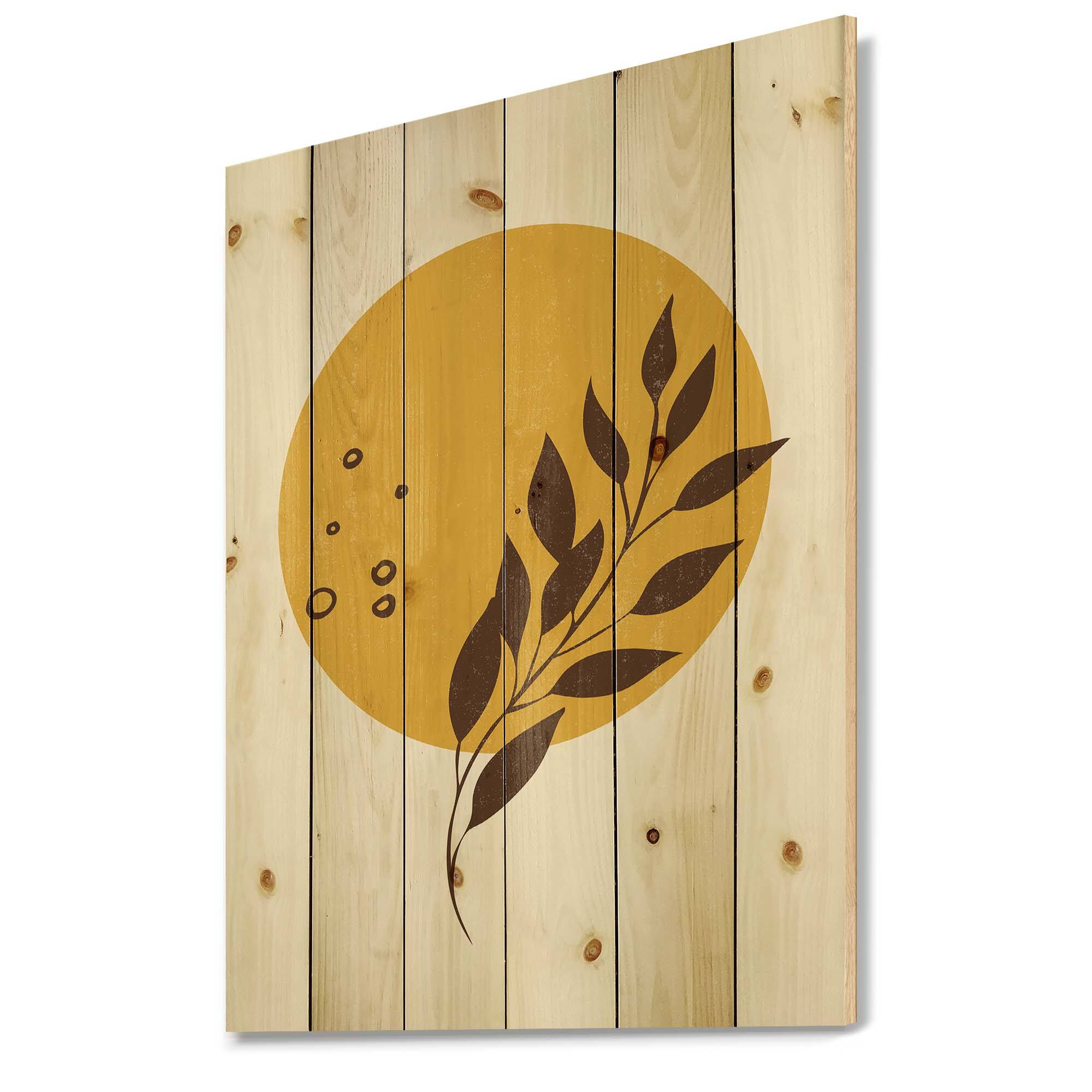 Designart - Abstract Yellow Sun and Moon With Tropical Leaf II - Modern Print on Natural Pine Wood