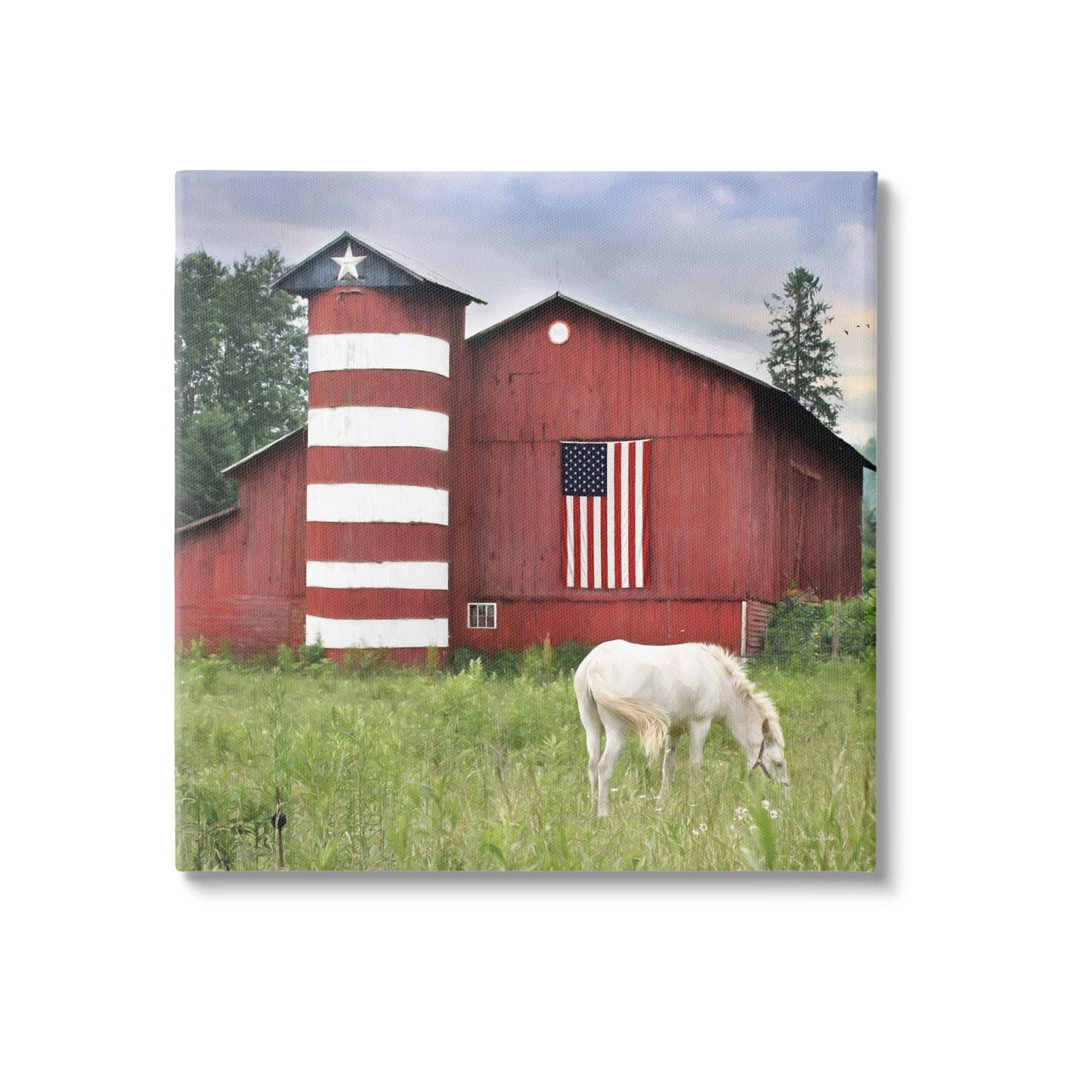 Stupell Industries Grazing White Horse Red Americana Barn Flag Canvas Wall Art