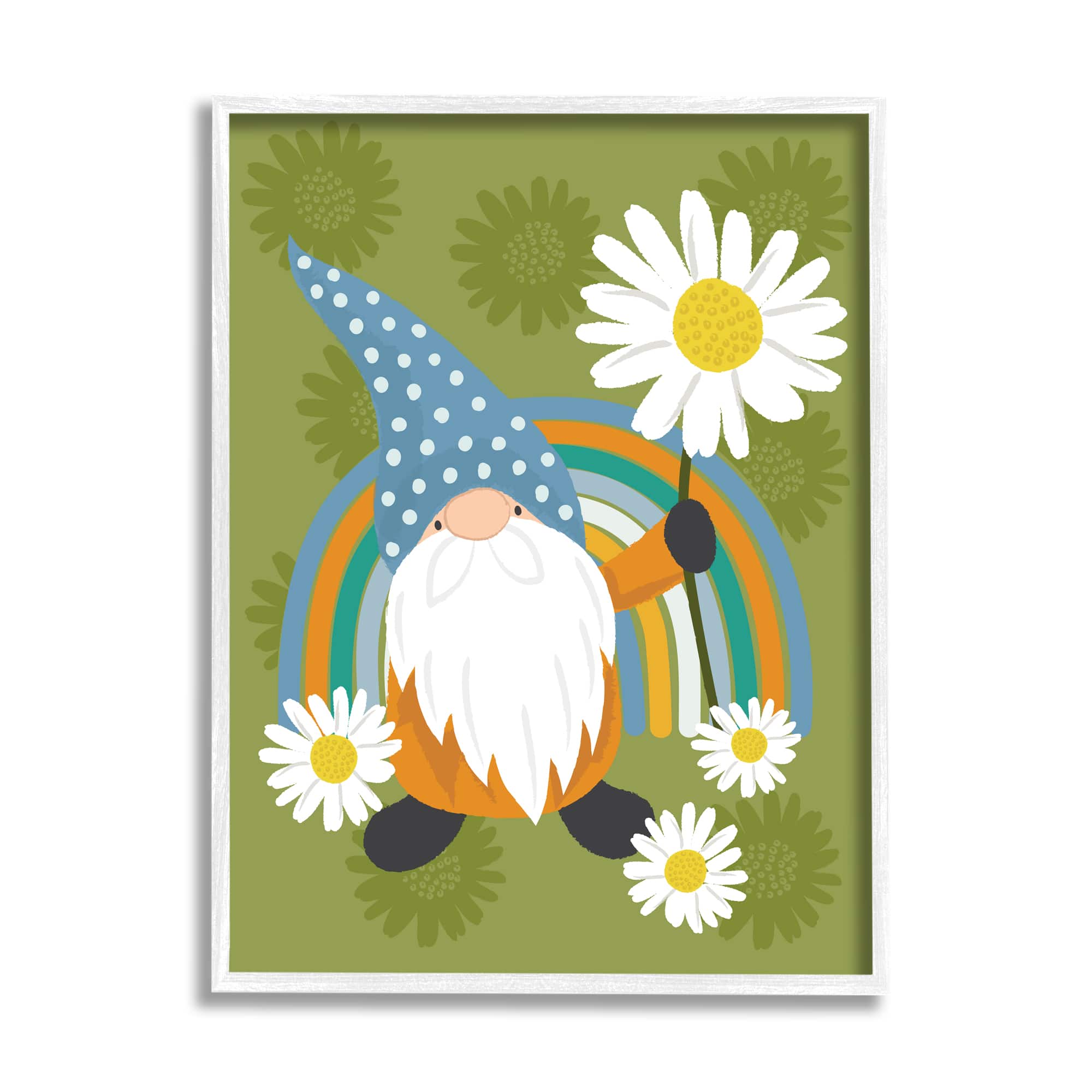 Stupell Industries Daisy Garden Gnome Blue Rainbow Floral Pattern in White Frame Wall Art