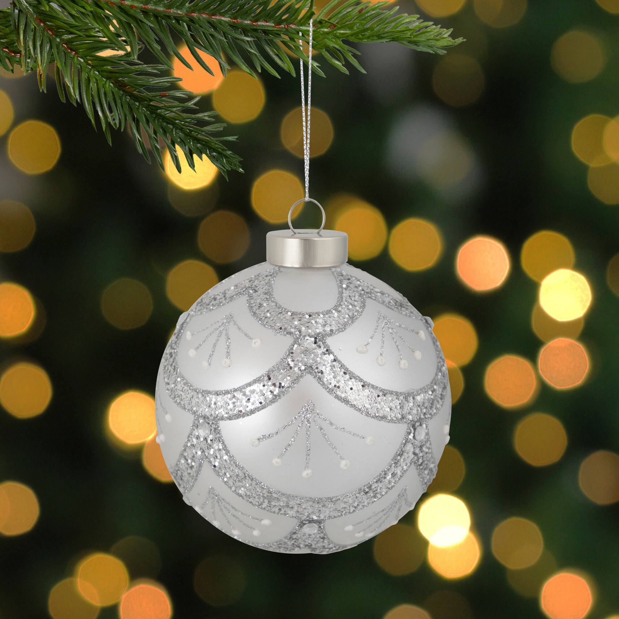 4" Glittered Silver Glass Ball Ornament