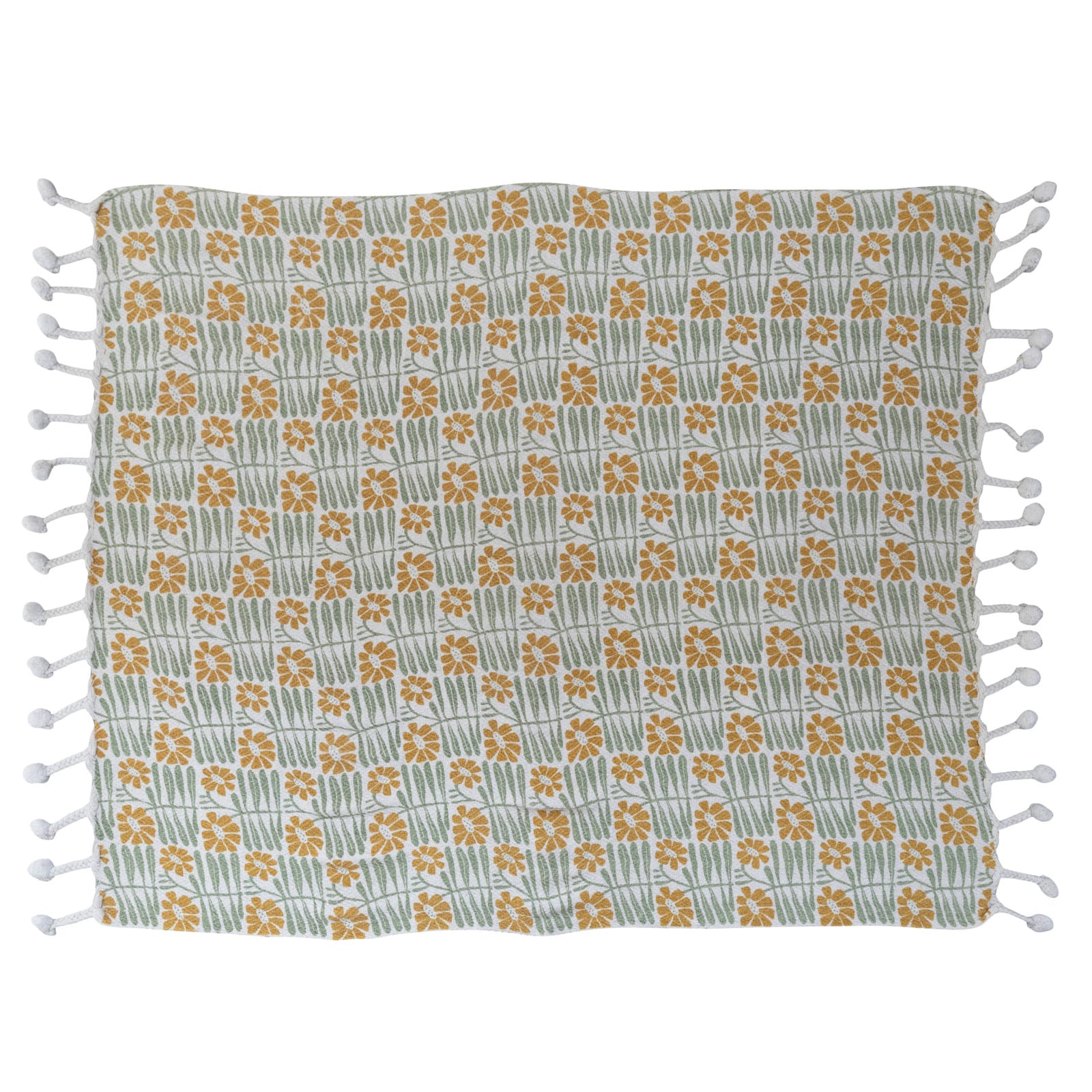 Hello Honey® Woven Recycled Cotton Blend Printed Throw with Flowers and Braided Pom Pom Tassels, Sage and Mustard
