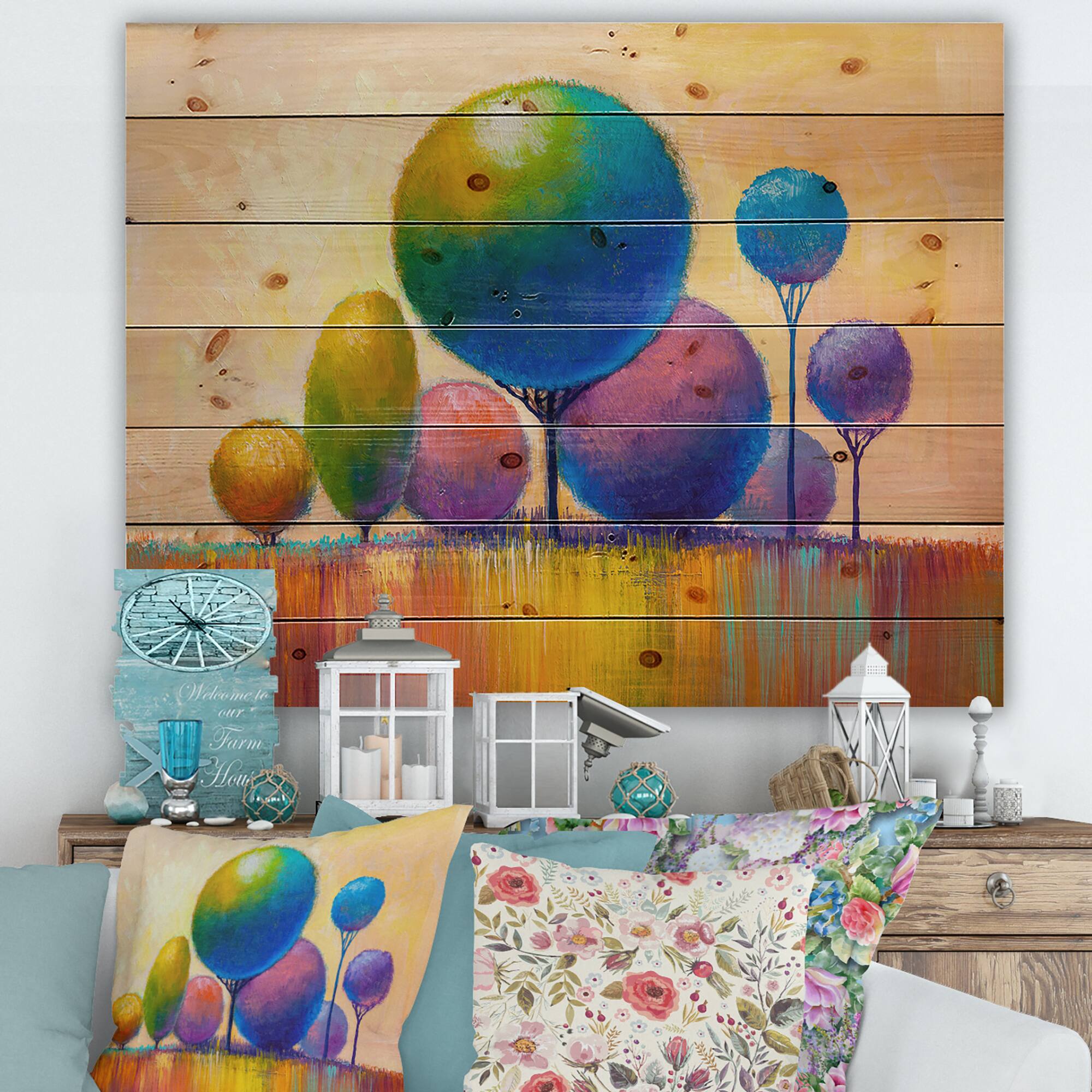 Designart - Colourful Ornamental Trees VIII - Modern Print on Natural Pine Wood