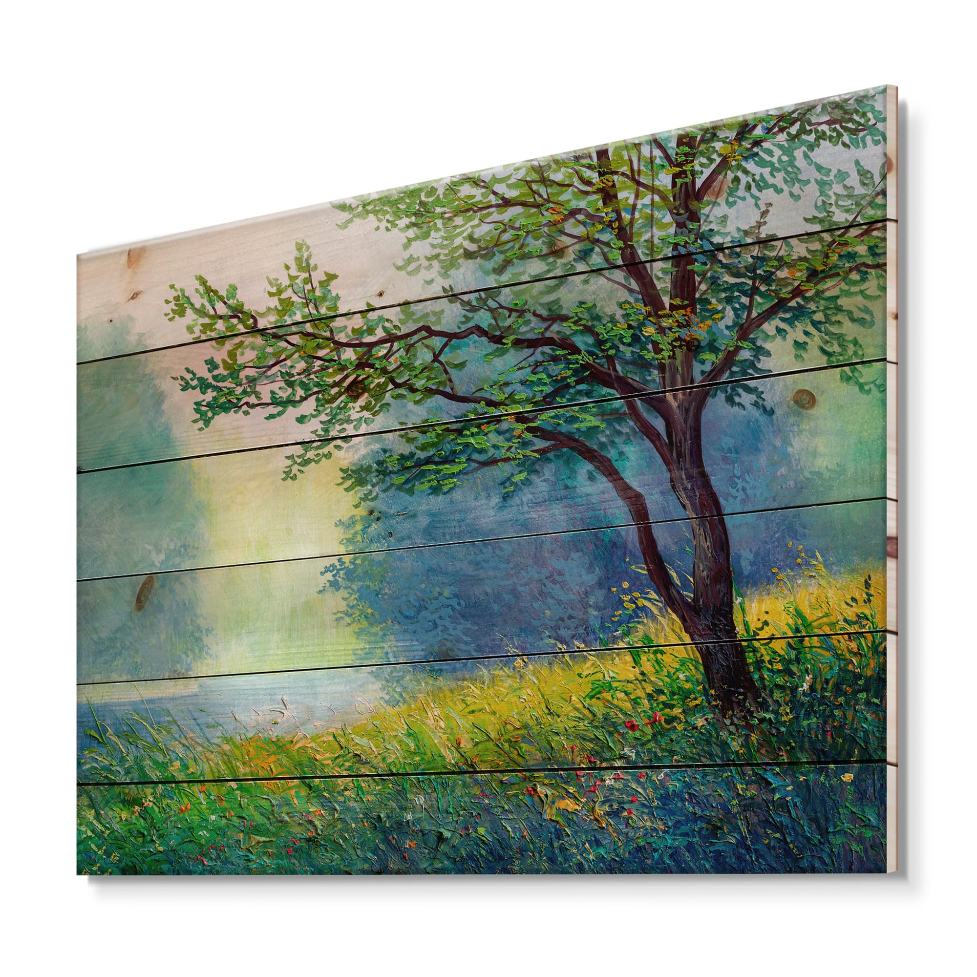Designart - Summer Forest With River and Waterfall - Traditional Print on Natural Pine Wood