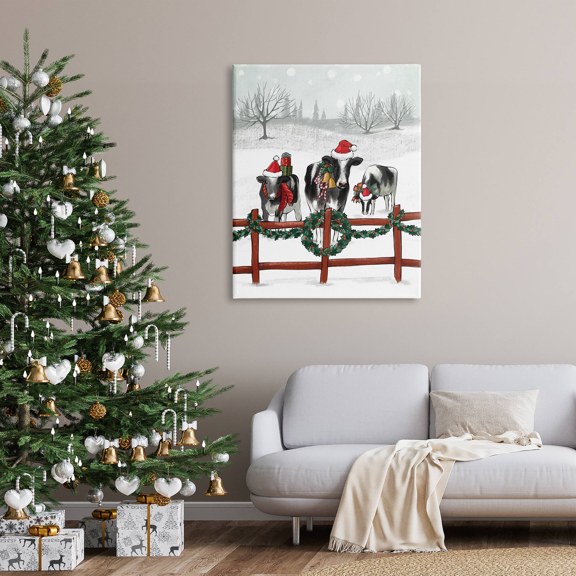 Stupell Industries Holiday Cows Farmland Fence Canvas Wall Art