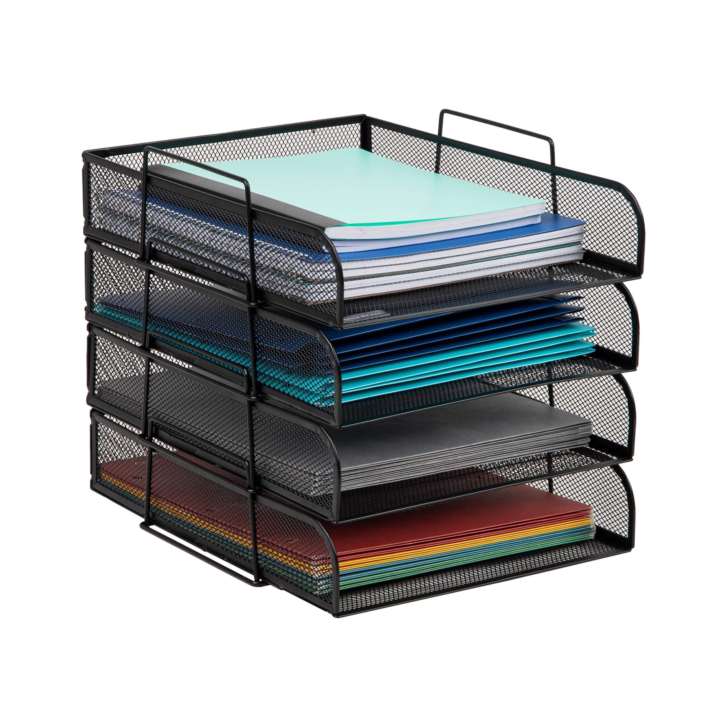 Mind Reader Stackable Paper Tray, Desktop Organizer, File Storage, Office, Metal Mesh, 10.5"L x 13.5"W x 11.25"H, 4 Pcs., Black