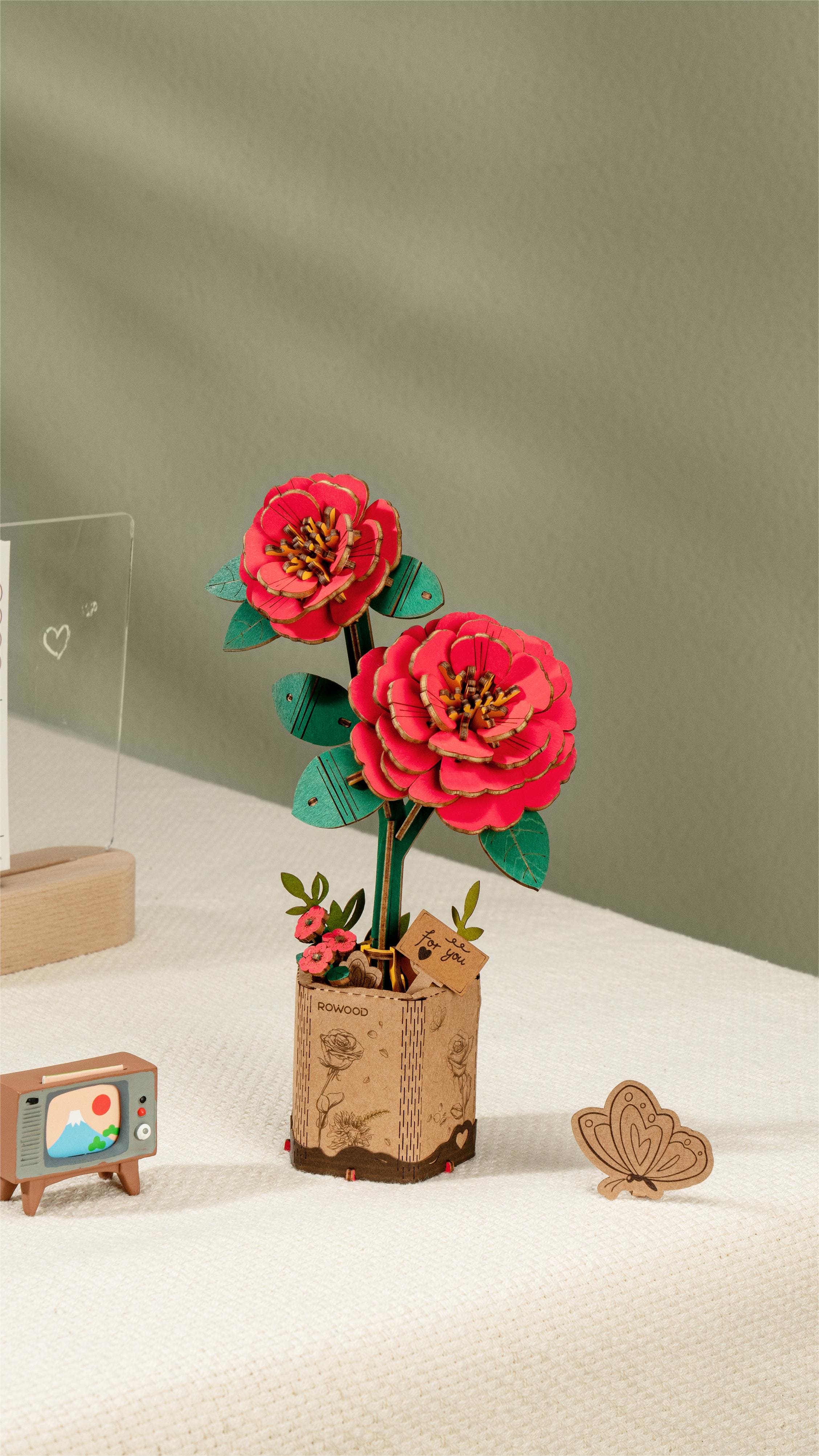 Rowood Red Camellia Wooden Bloom Craft
