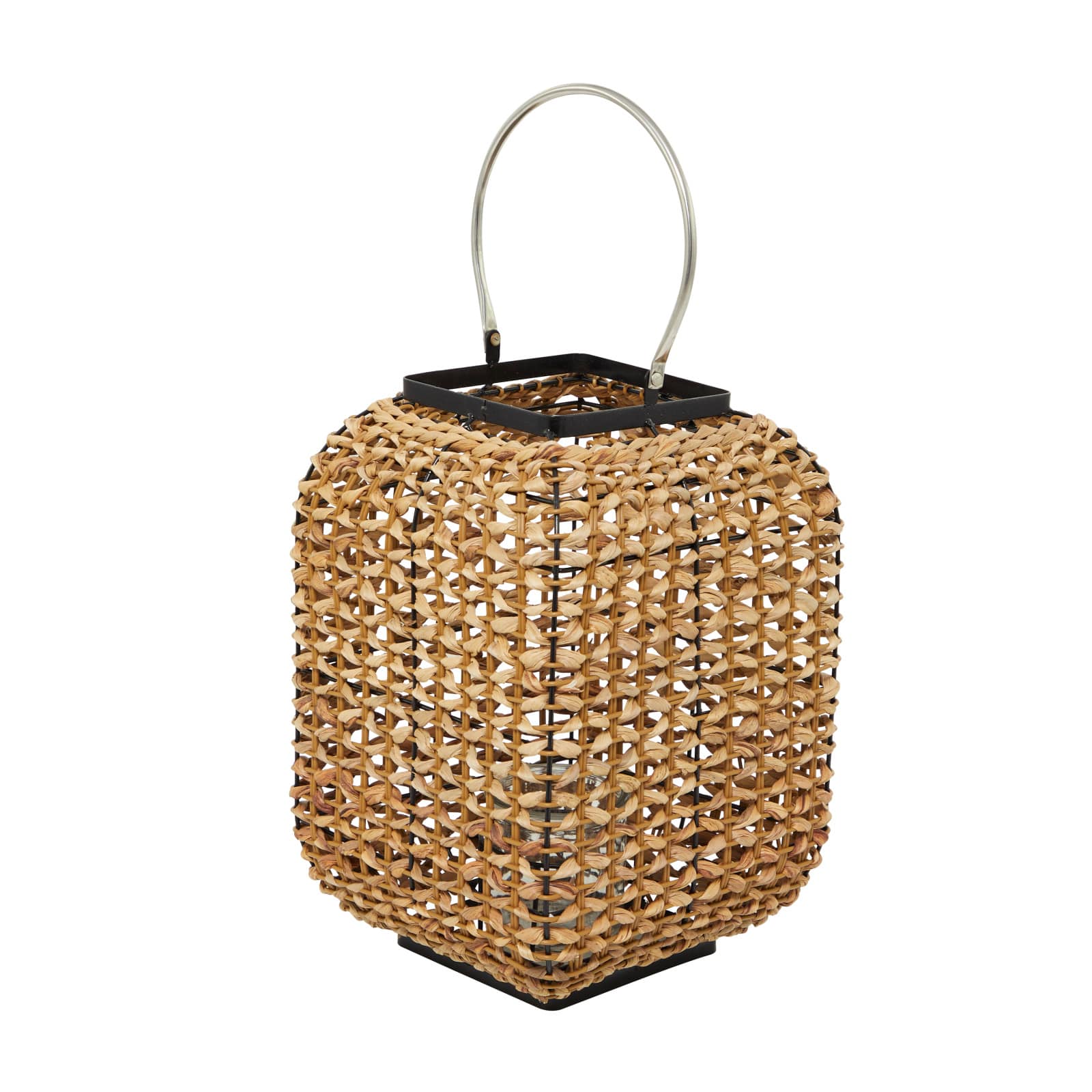 16" Brown Dried Plant Handmade Candle Lantern with Glass Holder and Handle