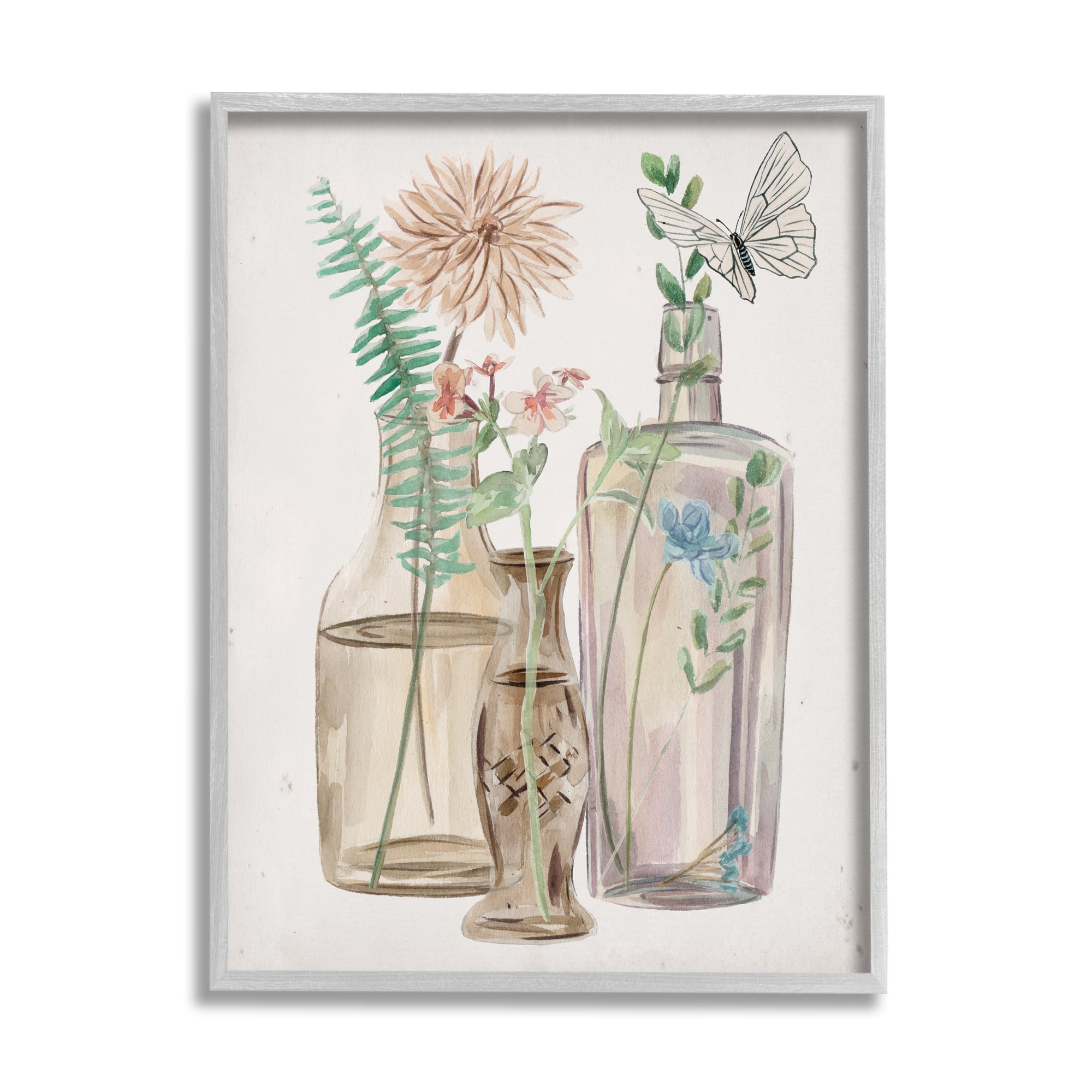 Stupell Industries Spring Meadow Bouquets Country Glasses Butterfly Florals in Gray Frame Wall Art