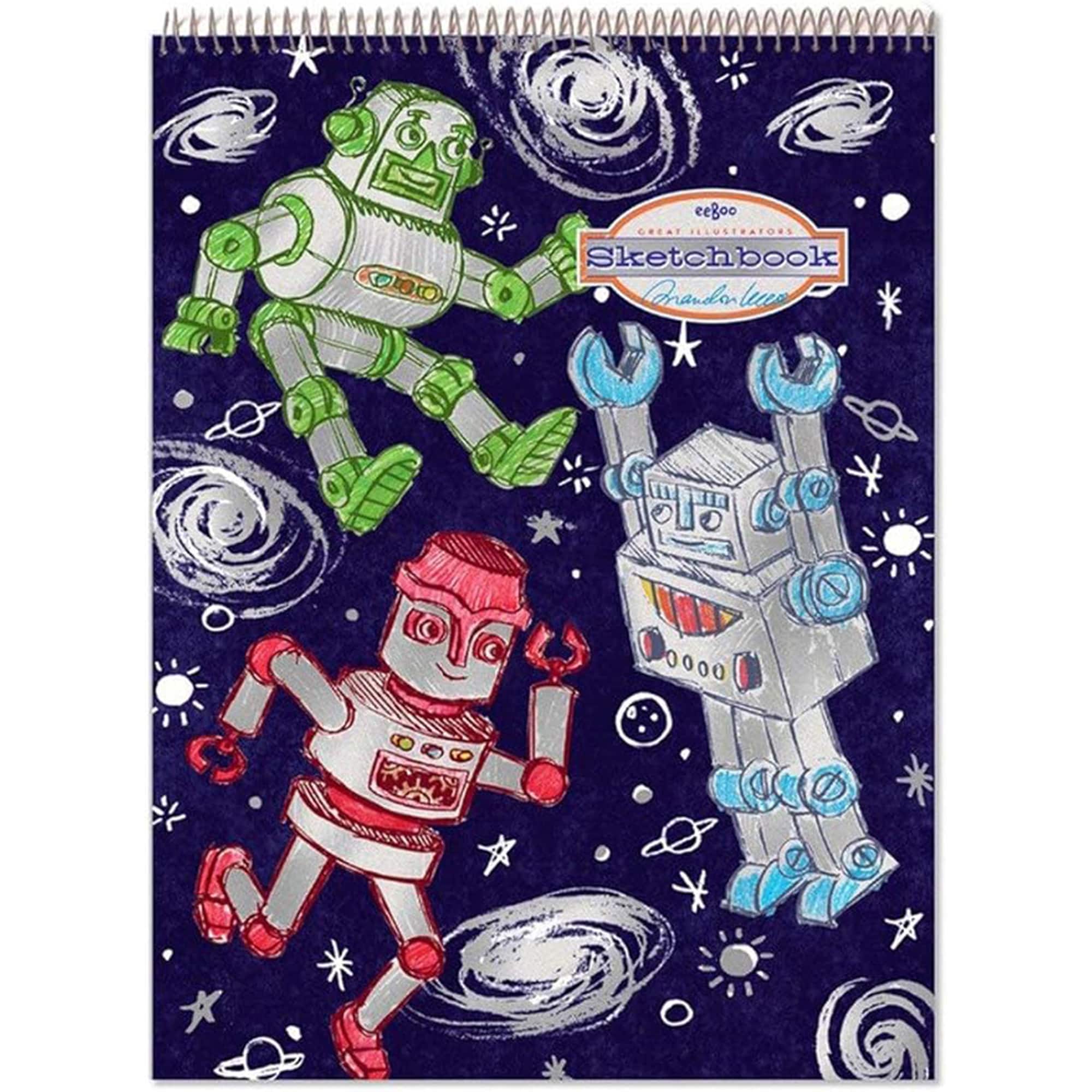 eeBoo Silver Robots Spiral Sketchbook, 8.5" x 11"