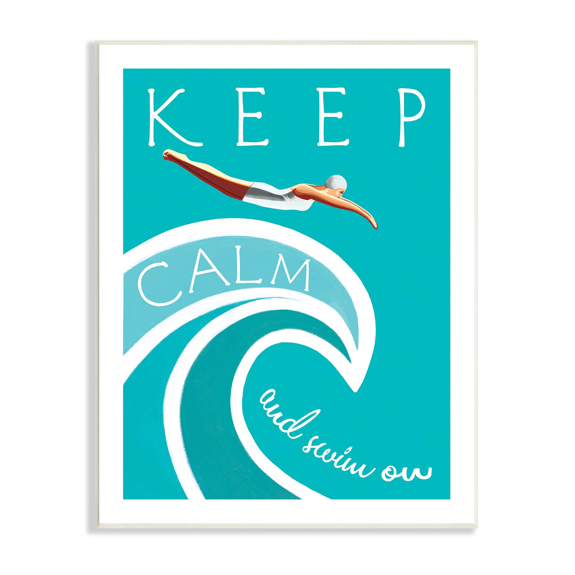 Stupell Industries Keep Calm Swim On Phrase Female Diver Blue Wave Wall Plaque
