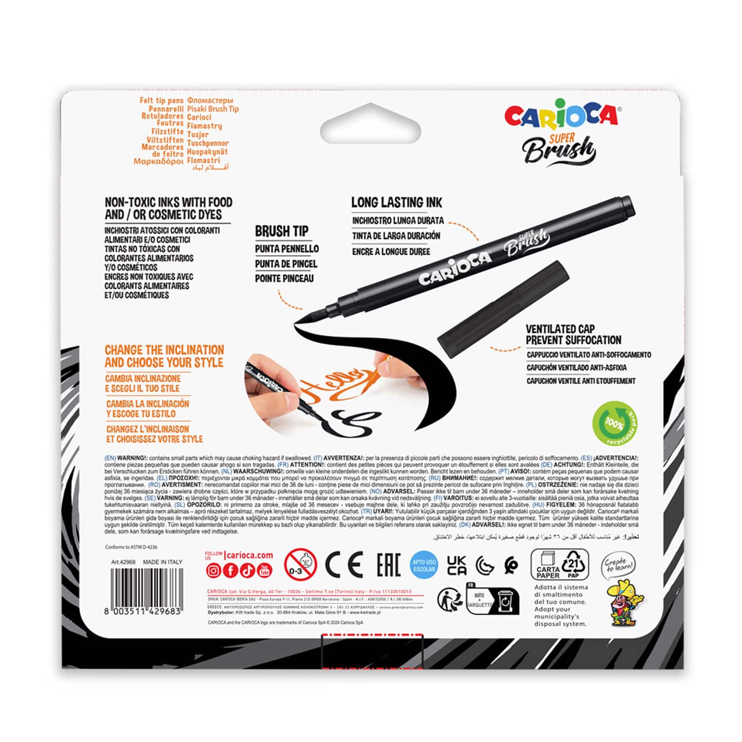 CARIOCA® 20 Color Super Brush Felt Tip Washable Pen Set