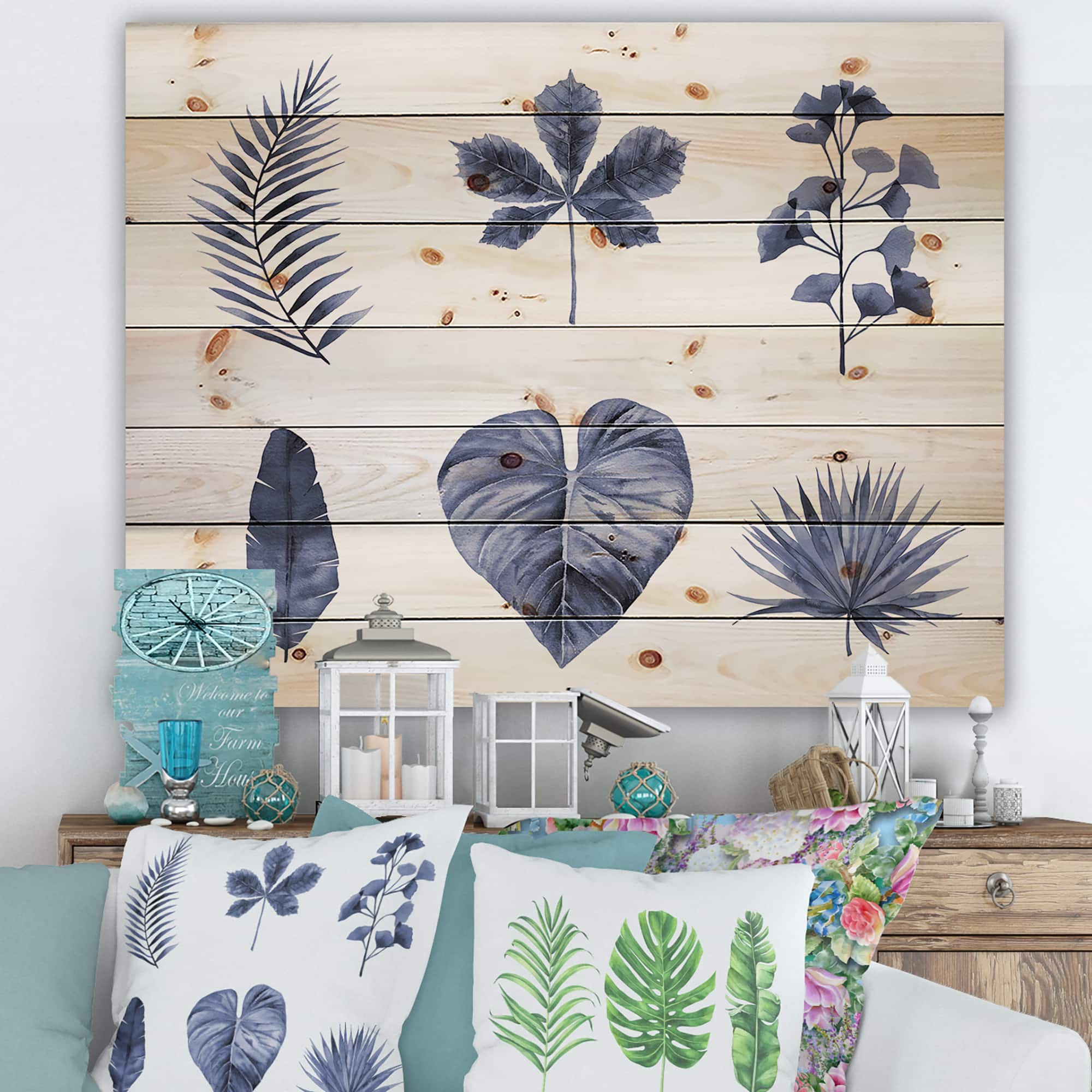 Designart - Abstract Blue Set Of Plant Leaves