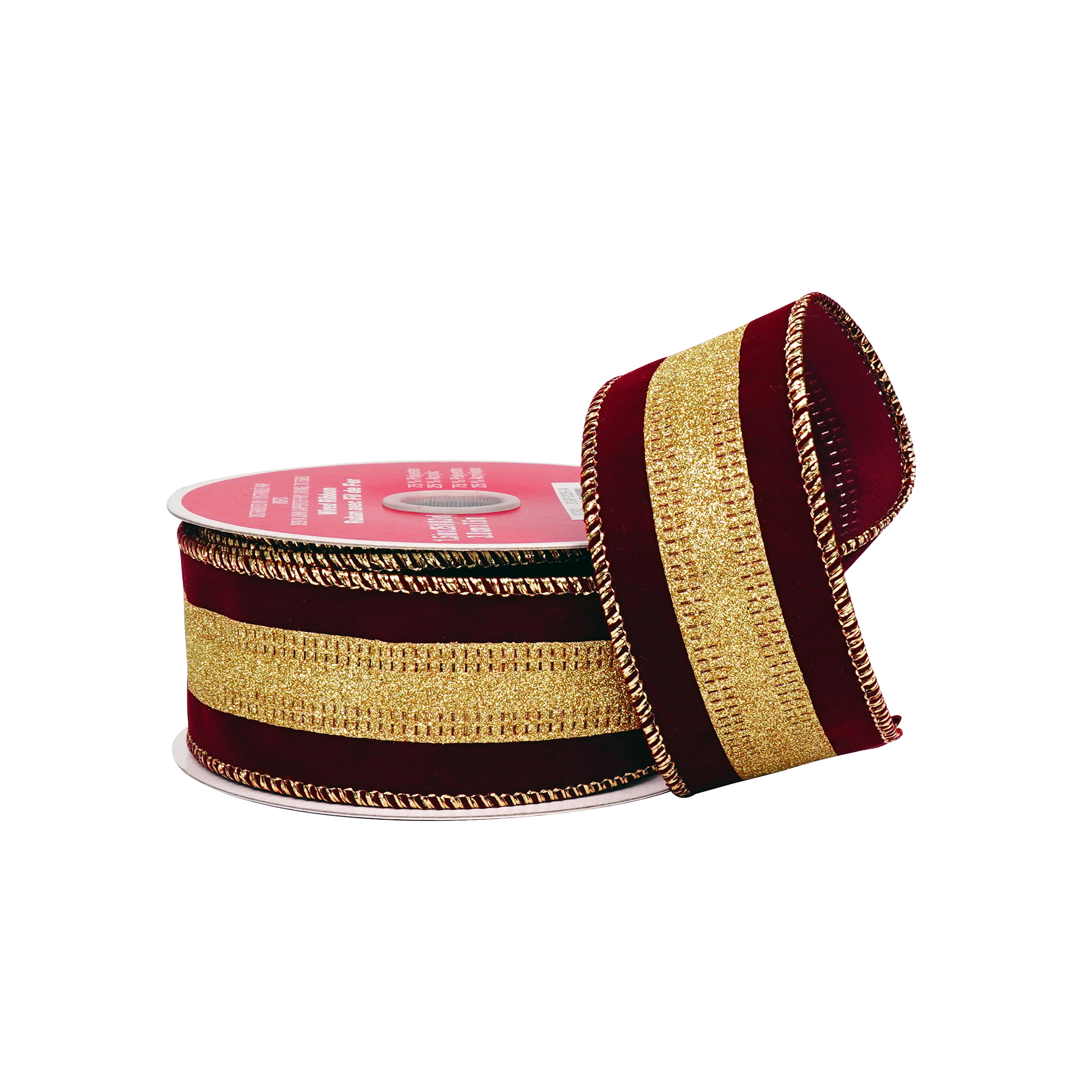 1.5" x 8.3yd. Burgundy & Gold Glitter Stripe Wired Velvet Ribbon by Celebrate It®