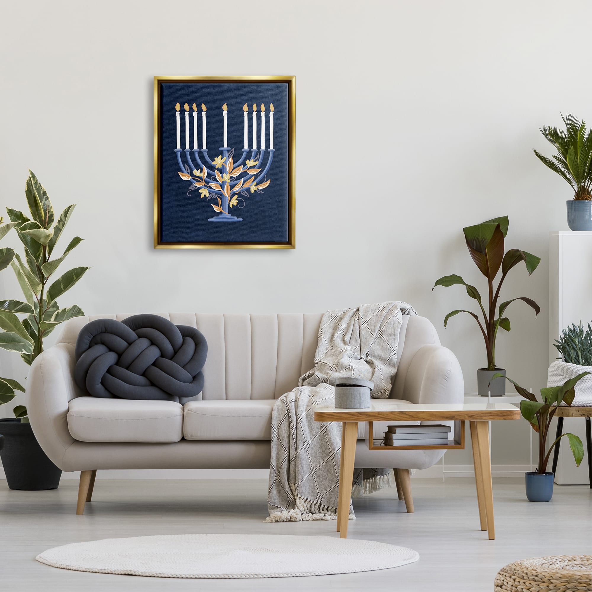 Stupell Industries Traditional Floral Hanukkah Menorah Framed Floater Canvas Wall Art