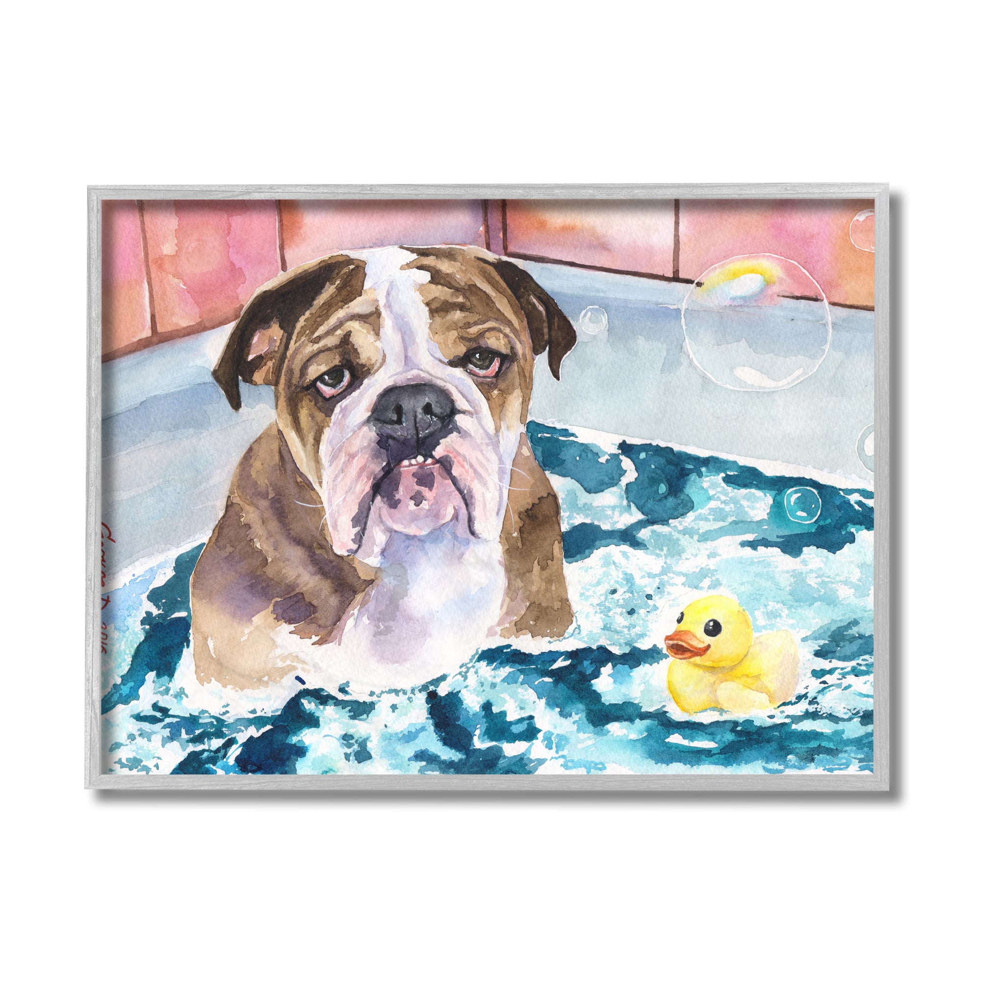 Stupell Industries English Bulldog In Bathtub Rubber Duck Bubbles Framed Wall Art