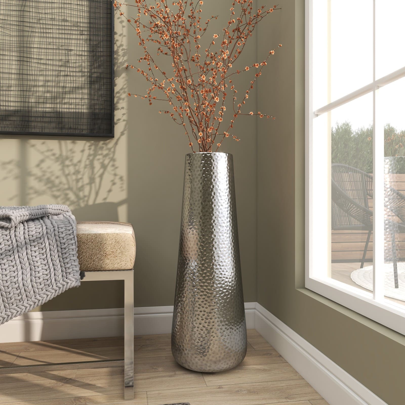 25" Silver Aluminum Tall Hammered Vase