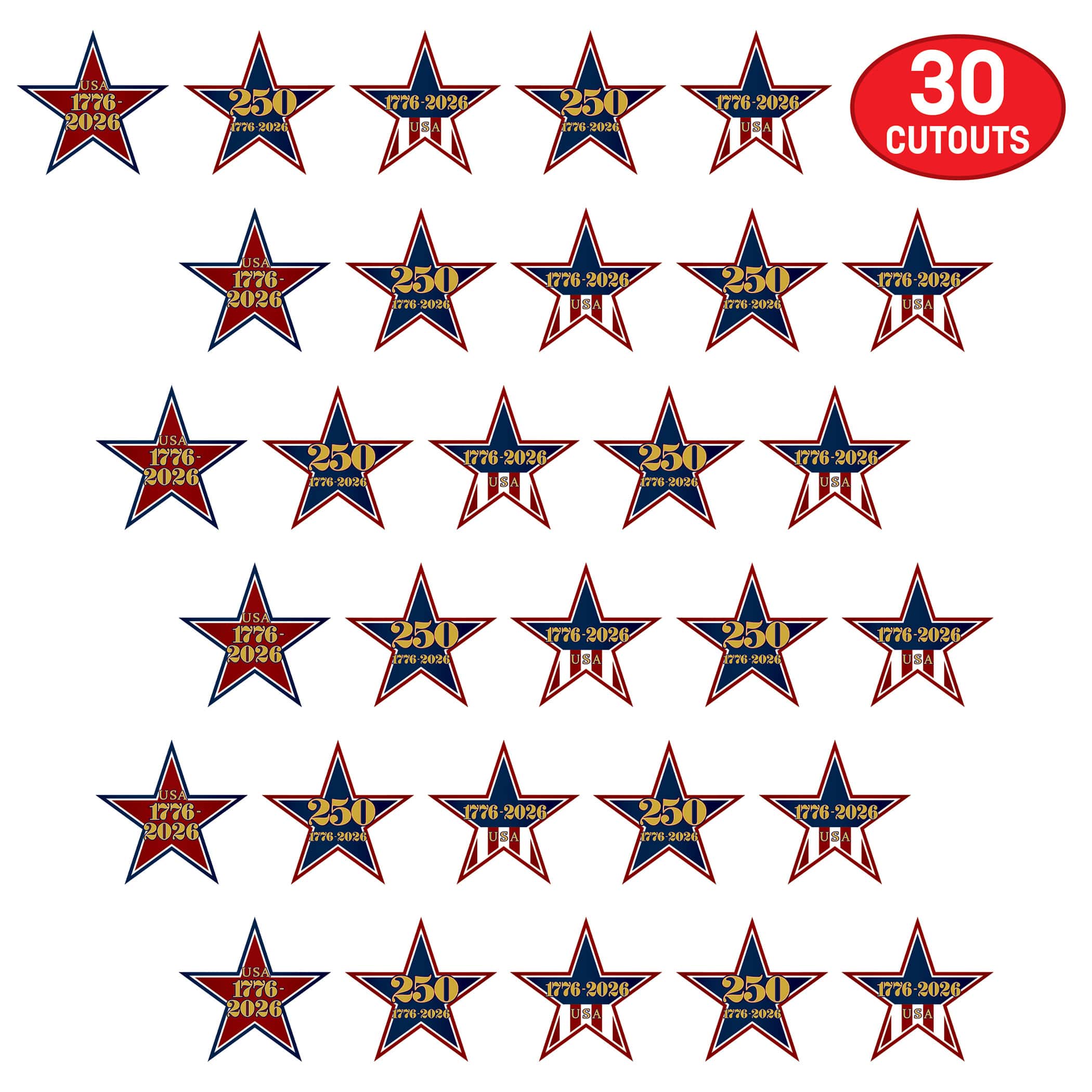 Beistle 5.5" Semiquincentennial Mini Star Cutouts, 3 Packs of 10 