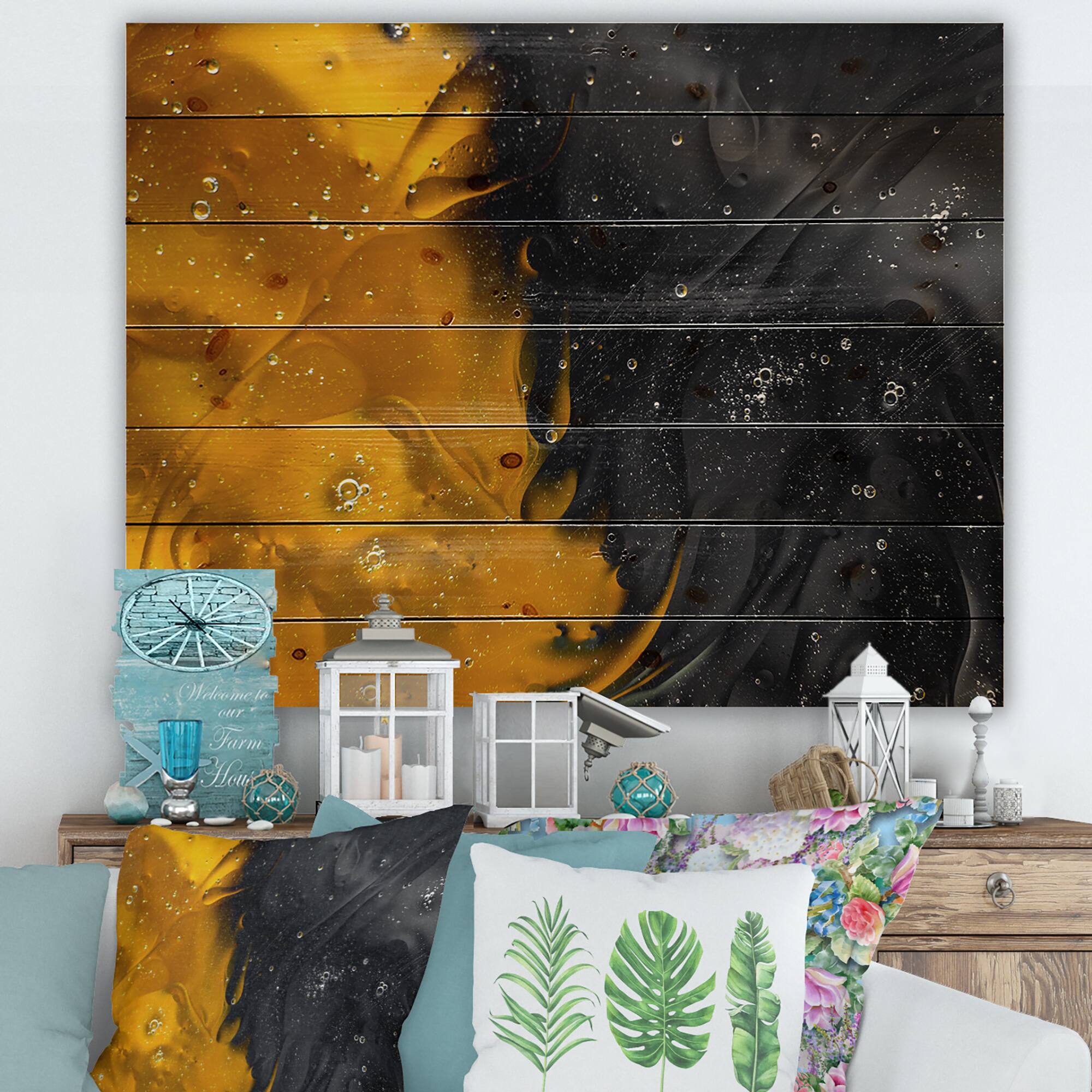 Designart - Marriage of Yellow and Black - Modern Print on Natural Pine Wood