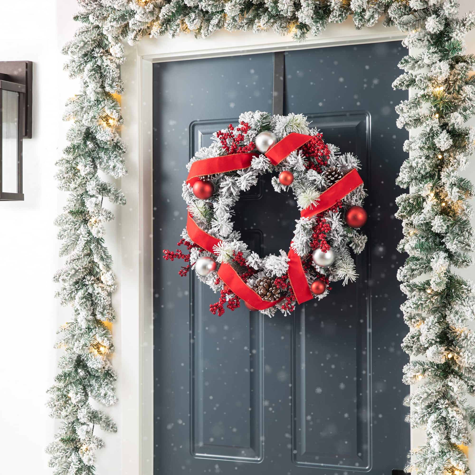Glitzhome® 24" Flocked Berry, Pinecone & Ribbon Wreath