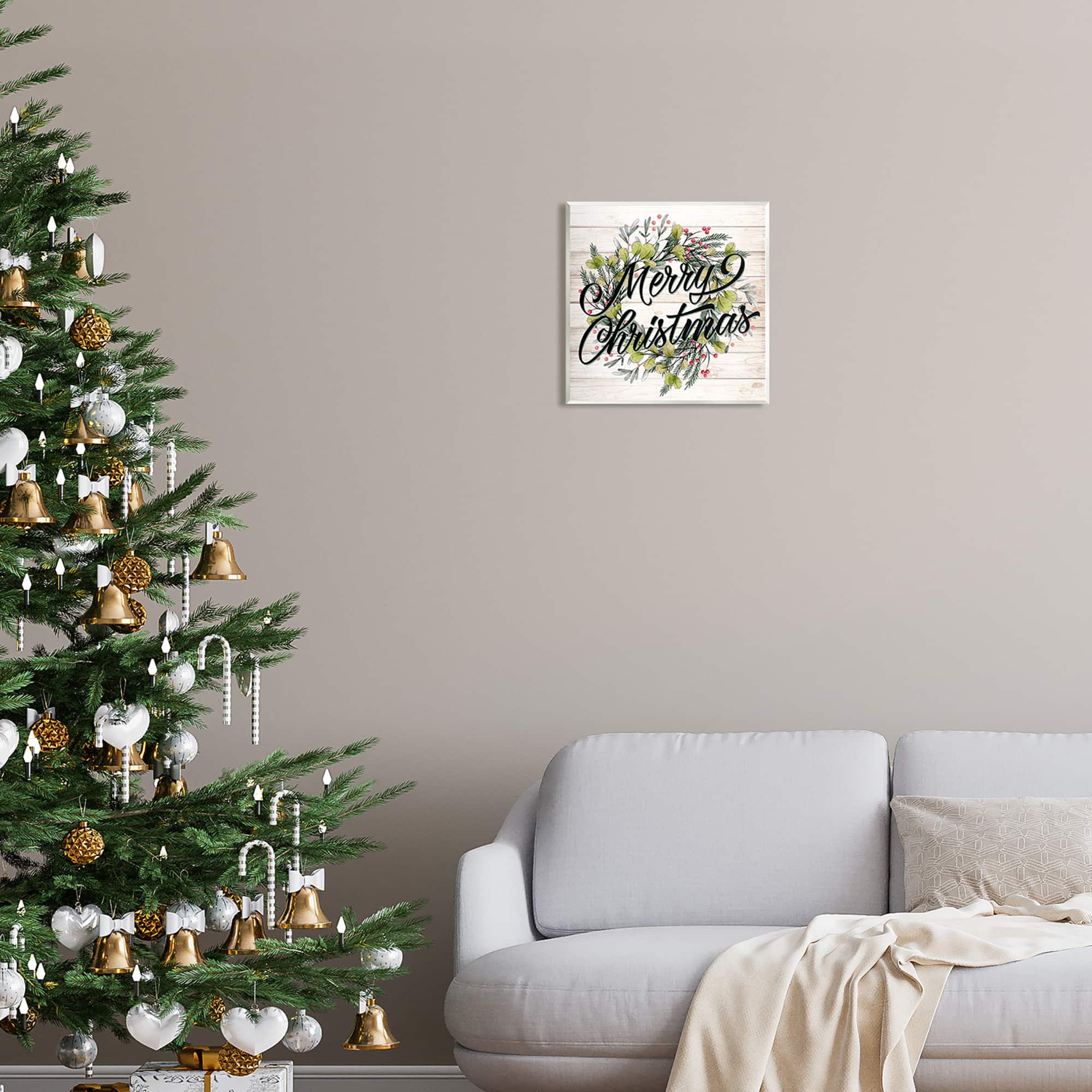 Stupell Industries Merry Christmas Botanical Wreath Wall Plaque Art
