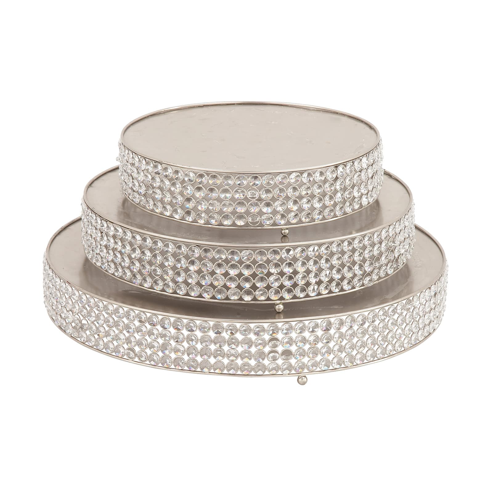 Glam Round Silver Metal and Glass Bead Cake Stand, Set of 3, 3"