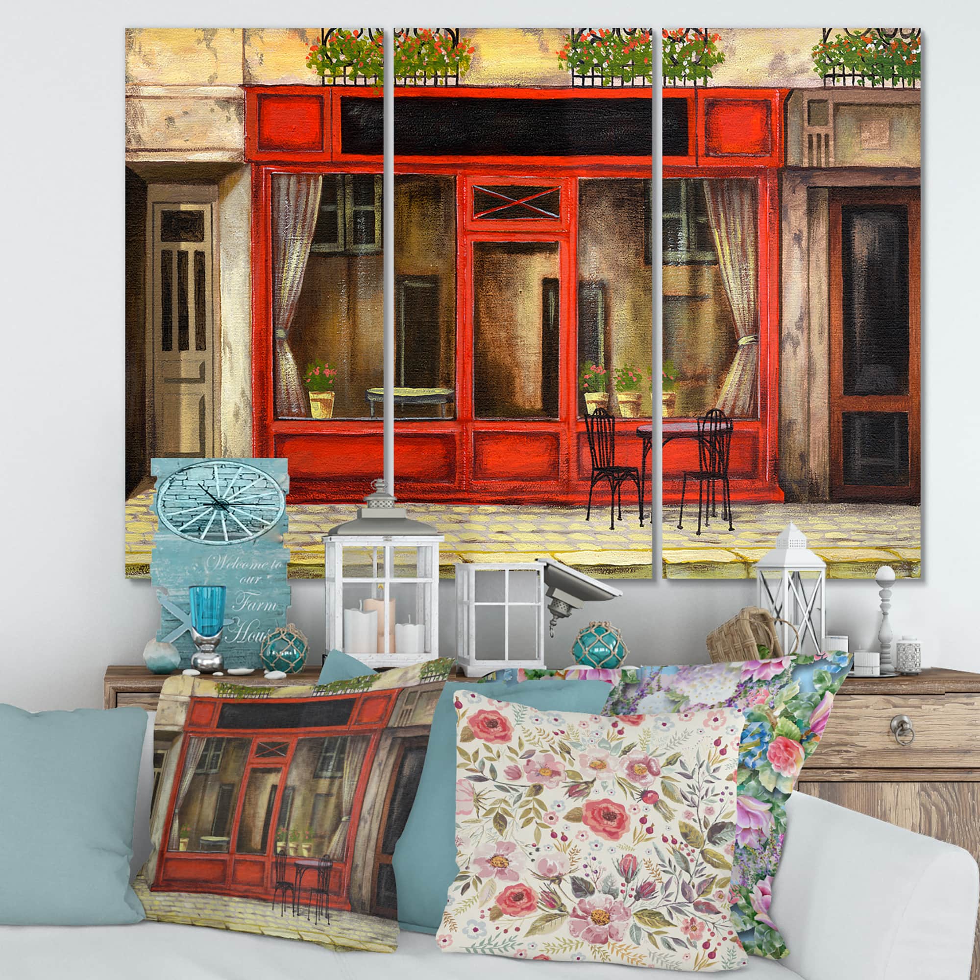 Designart - Red Facade of Charming Shop In Paris I - French Country Canvas Wall Art Print