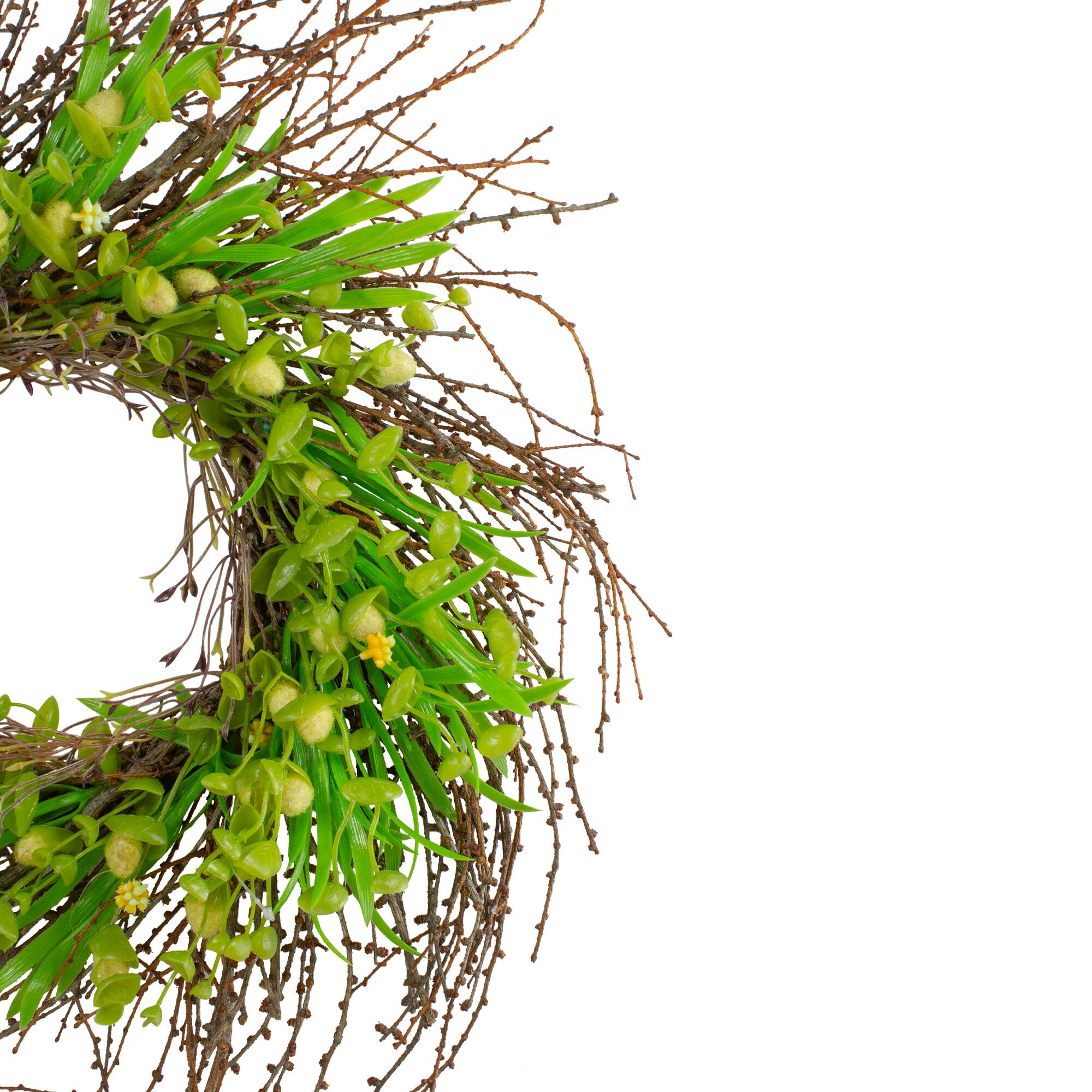 20" Green & Yellow Flower Buds, Leaves & Twigs Wreath
