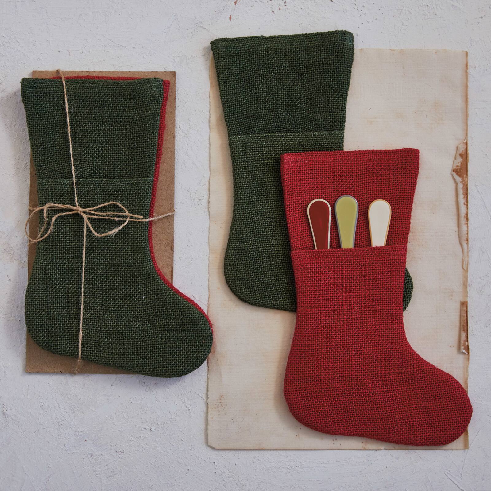 Hello Honey® 10" Red & Green Woven Jute Stocking Cutlery Sleeve Set