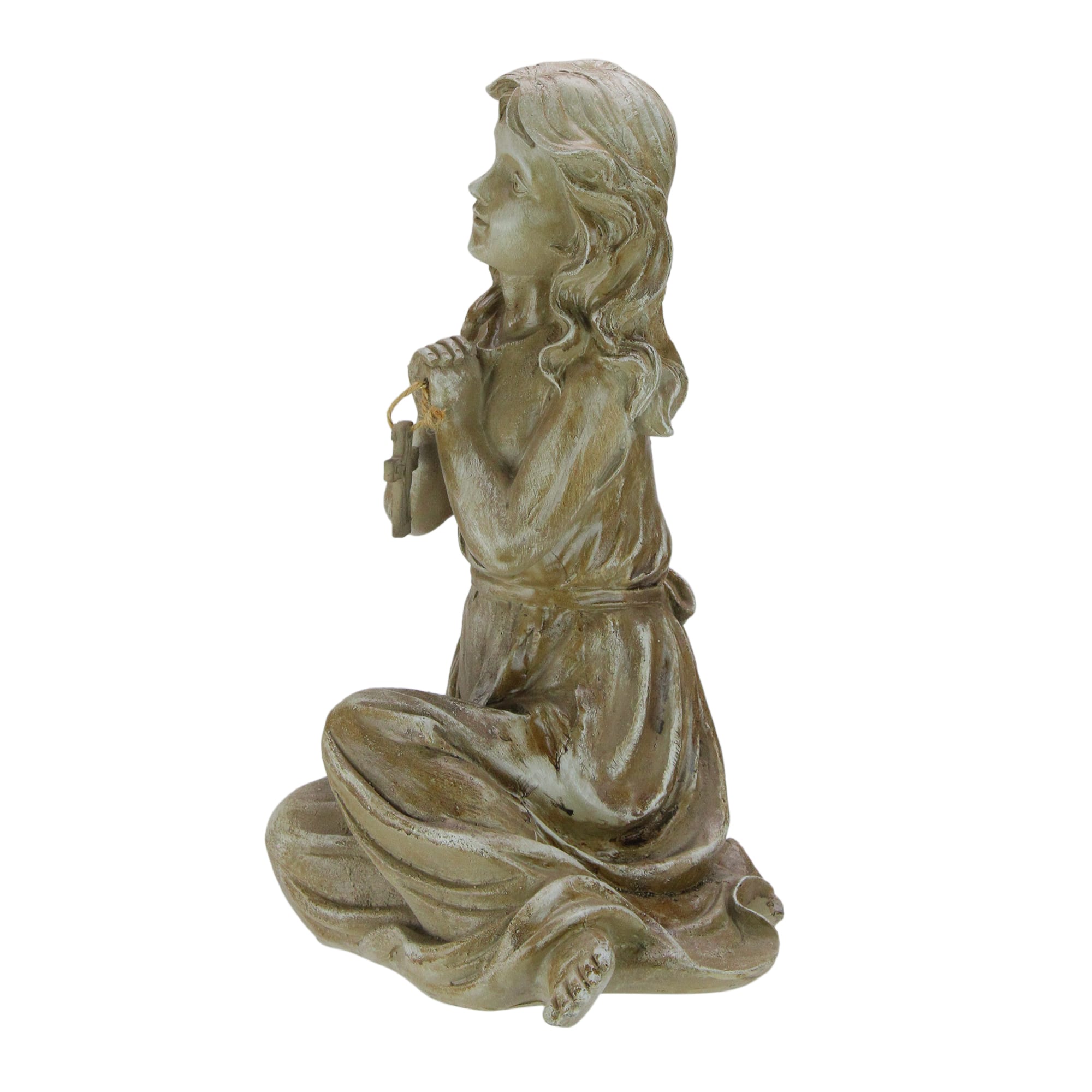 14.5" Weathered Brown Sitting Angel with Cross Outdoor Garden Statue