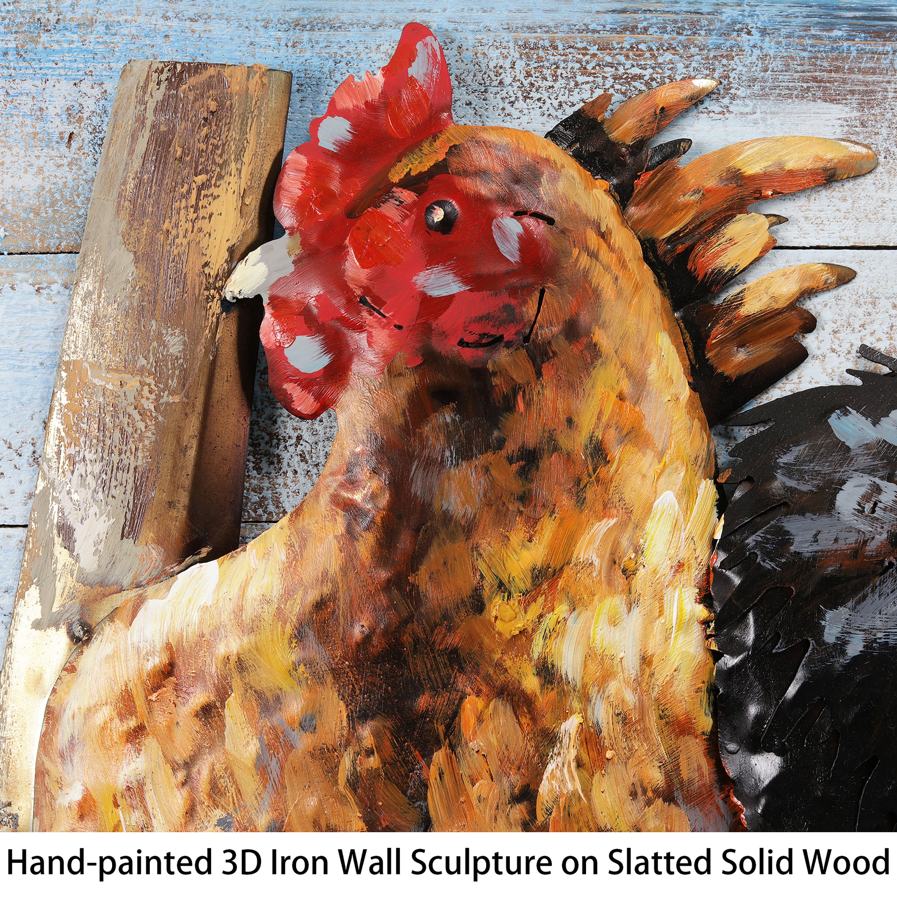 Empire Art Direct 24" x 60" Chickens Hand-painted Iron Wall Sculpture with Solid Wood Frame