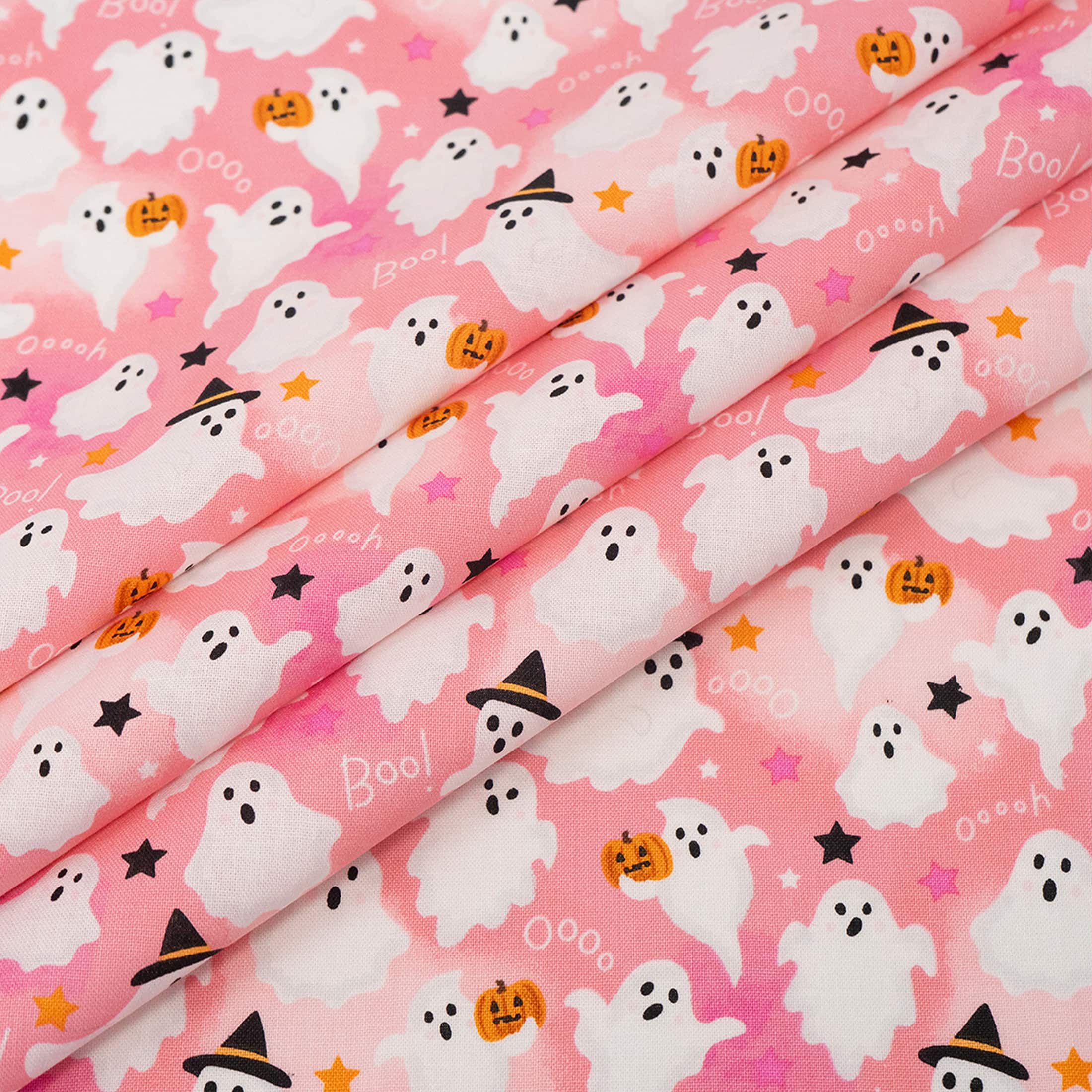 SINGER Ghosts with Stars Print on Pink Cotton Fabric