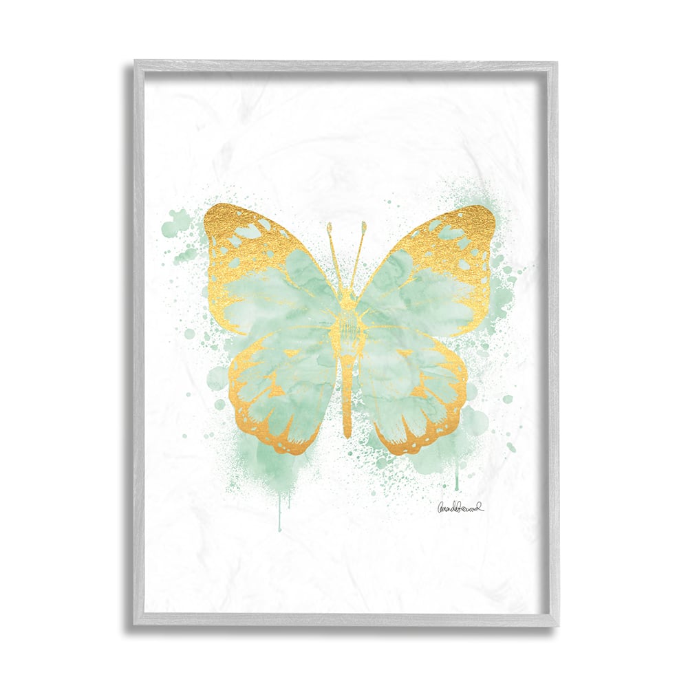 Stupell Industries Seafoam Green Butterfly Watercolor Paint Splatter in Gray Frame Wall Art