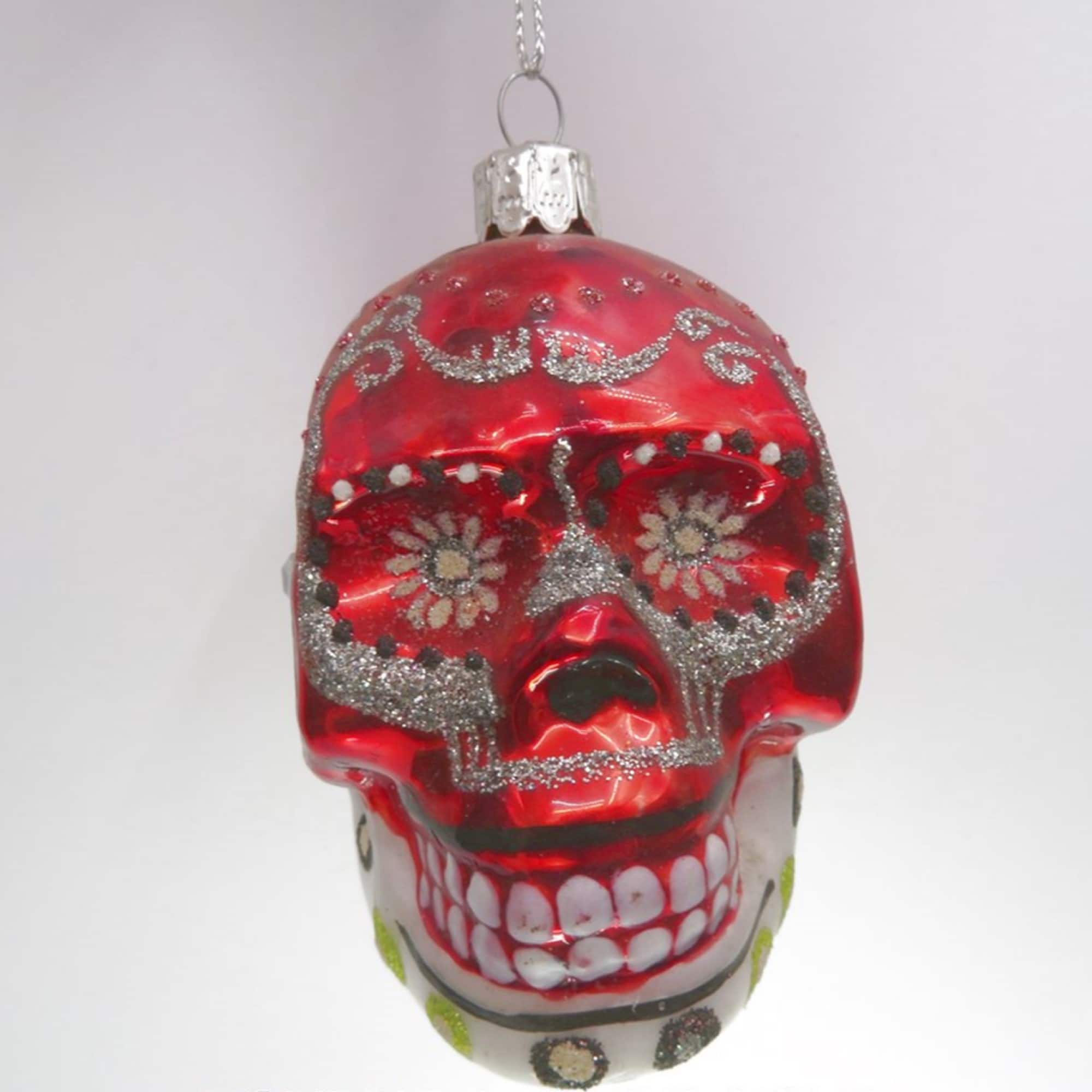 Day of the Dead Skull Head Glitter Glass Christmas Ornament - 3.5" - Red