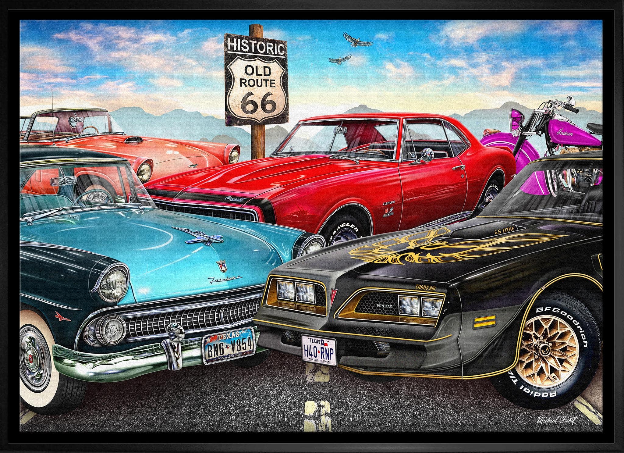 Vintage Route 66 20" x 29" Framed Canvas By Michel Fishel 31.5" x 22.5"