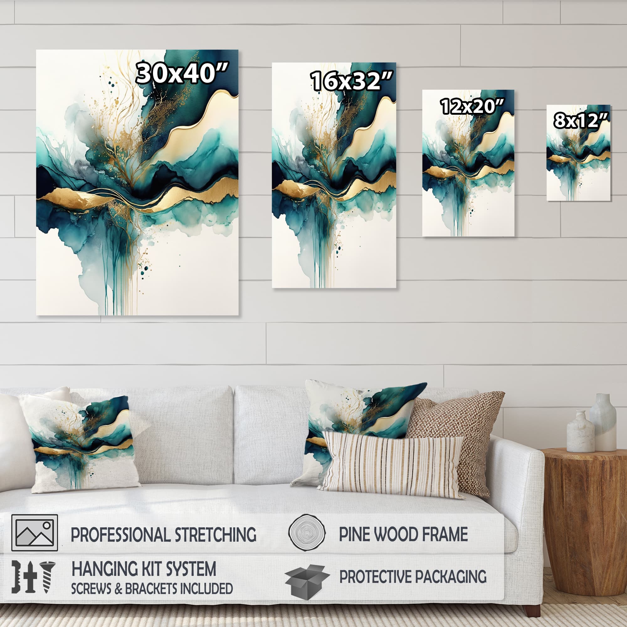 Designart 'Teal And Gold Abstract Expression III' Modern Framed Canvas Wall Art