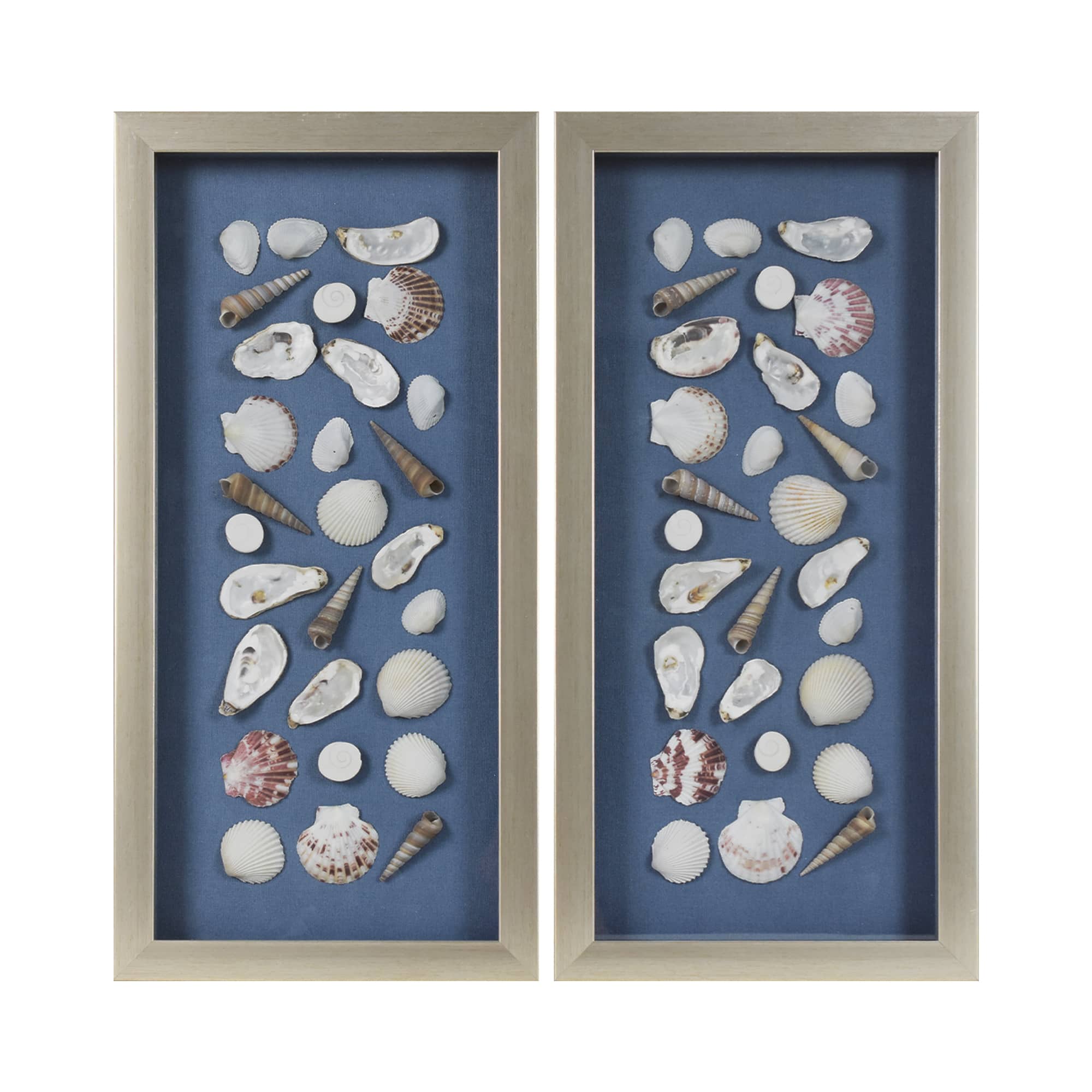 American Art Decor 18" x 9" Blue Linen Coastal Mixed Seashell Shadowbox Framed Wall Art Décor Set