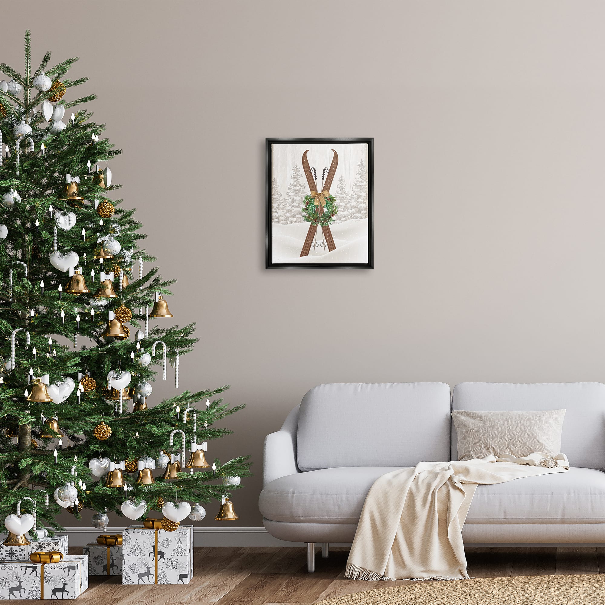 Stupell Industries Winter Skis Holiday Wreath Framed Floater Canvas Wall Art