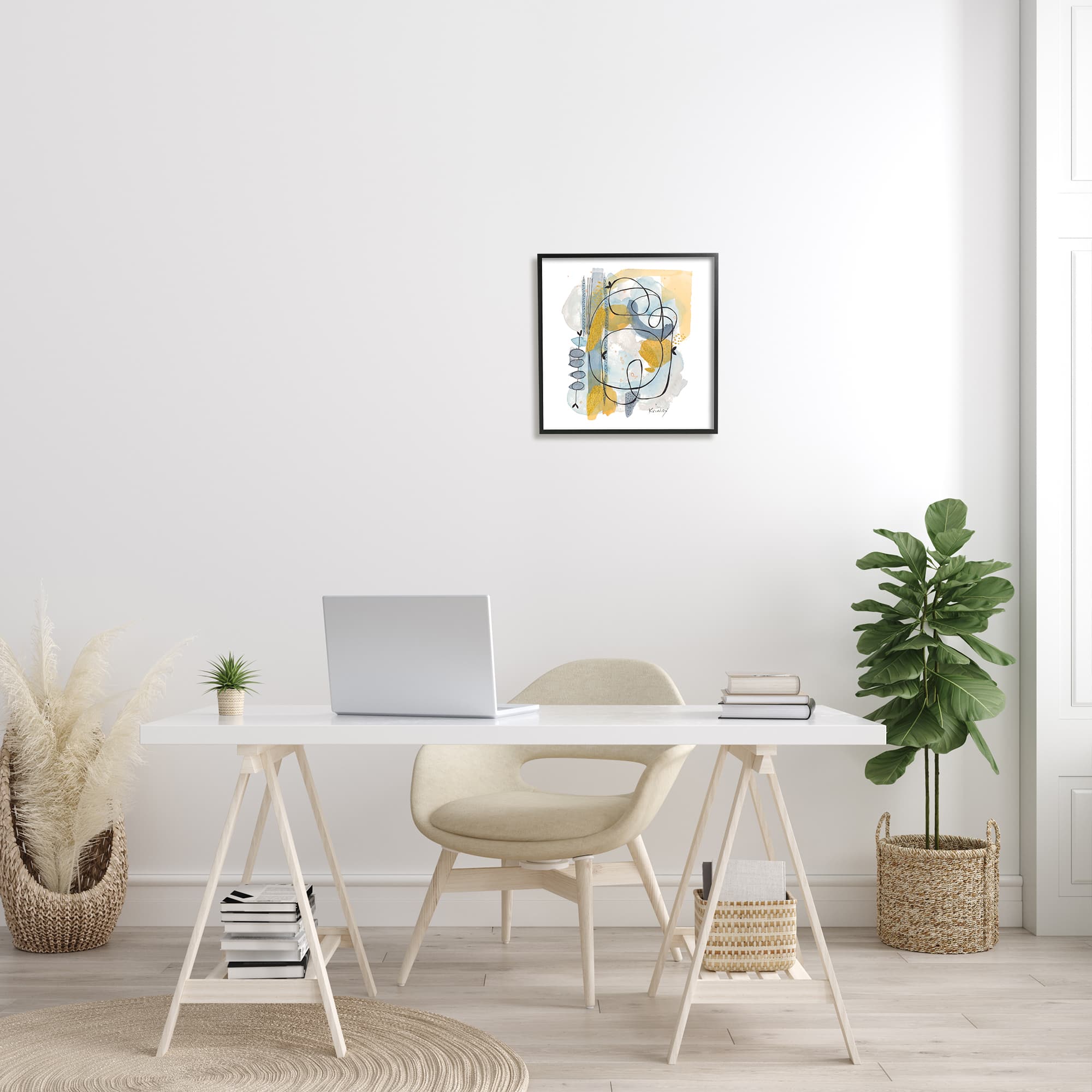 Stupell Industries Modern Leaf Line Abstraction Yellow Blue Watercolor Framed Wall Art