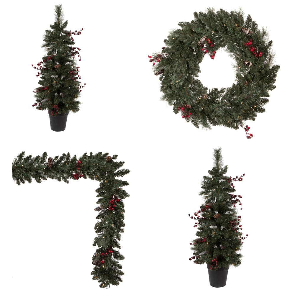 4-Piece Pre-Lit Artificial Christmas Tree, Wreath & Garland Set, Warm White LED Lights By Vickerman in Green | Michaels®