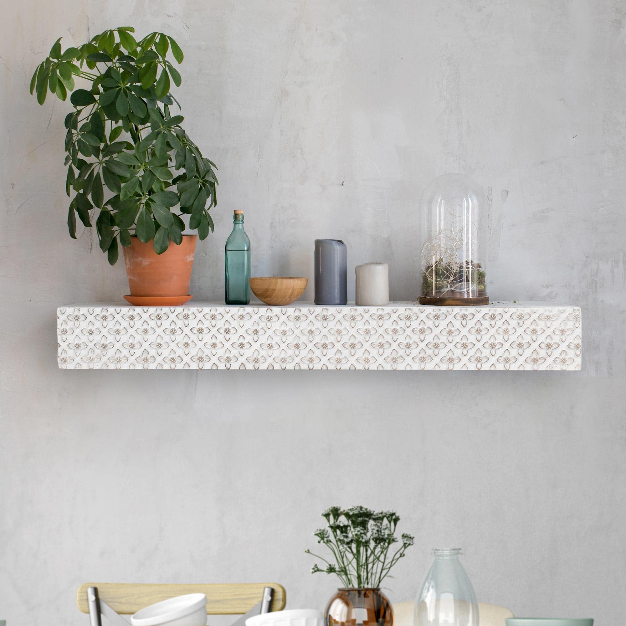 Small White Rustic Embossed Wood Floating Wall Shelf