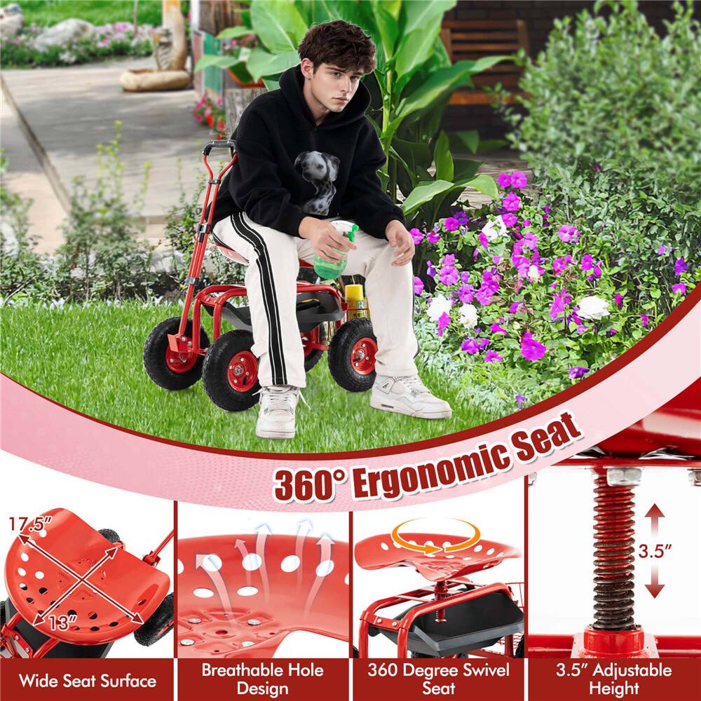 Costway Garden Cart Patio Wagon Roll Work Seat with Tray Basket Extendable Handle