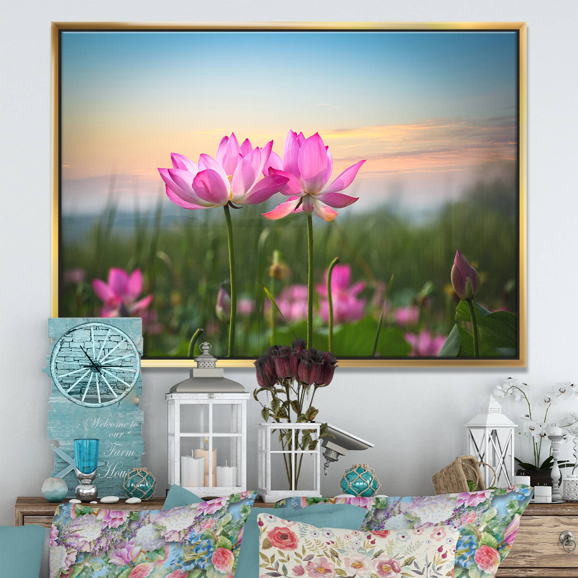 Designart - Blooming Lotus Flowers at Sunset - Floral Photo Framed Canvas Print